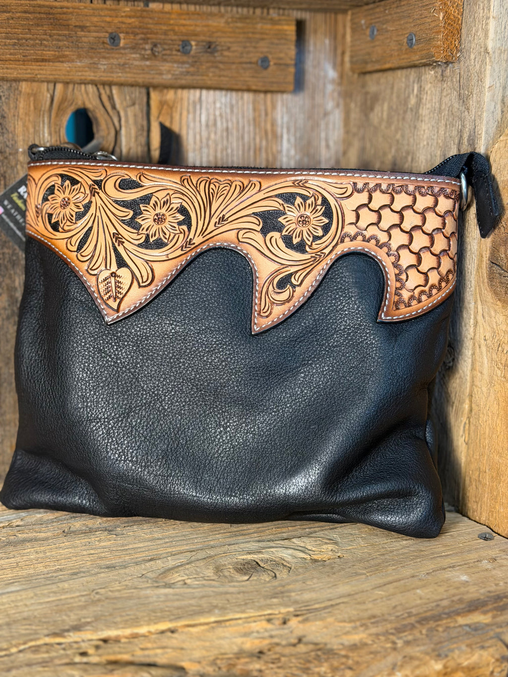 Tooled Black Soft Leather Crossbody