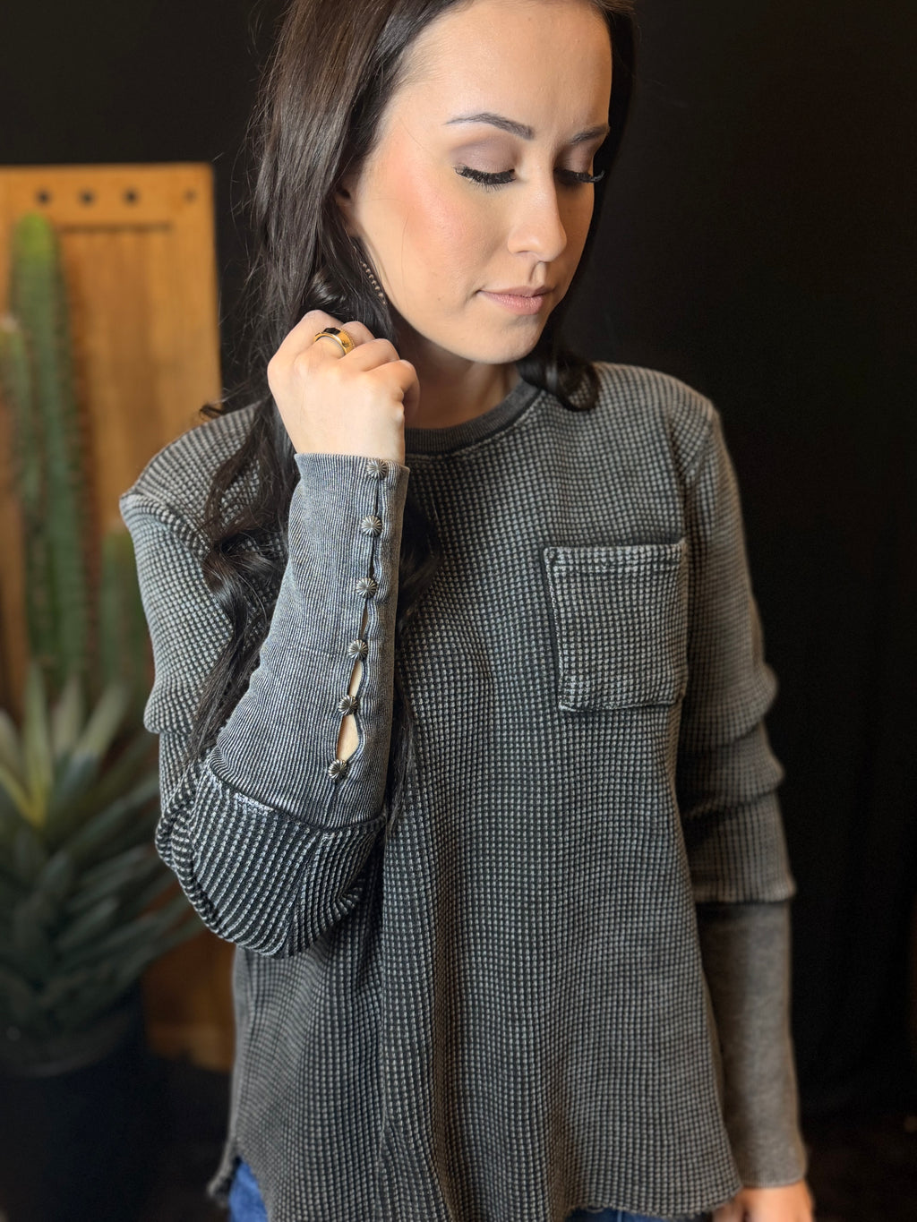 Midnight Waffle Knit Button Cuff Long Sleeve