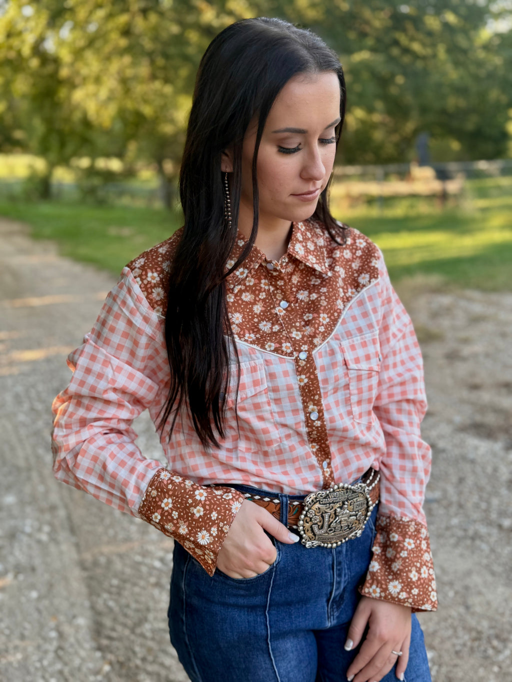 Rust Floral Peach Checkered Long Sleeve Pearl Snap