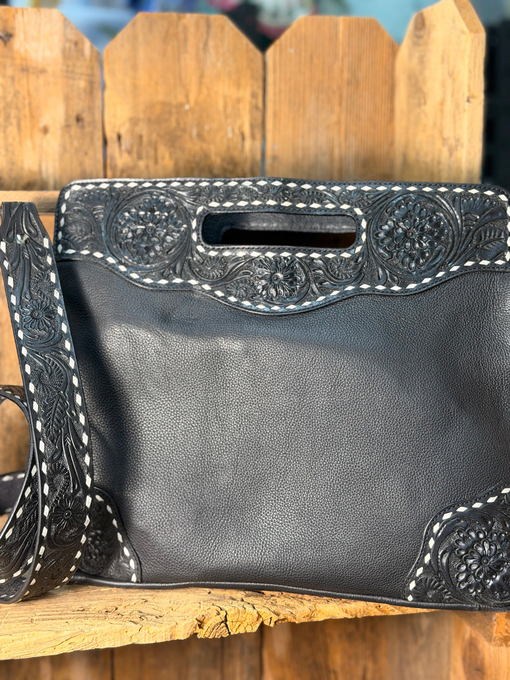 Tooled Buckstitch Black Crossbody/ Clutch