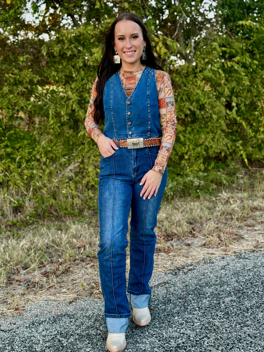 Square Western Collage Mesh Top