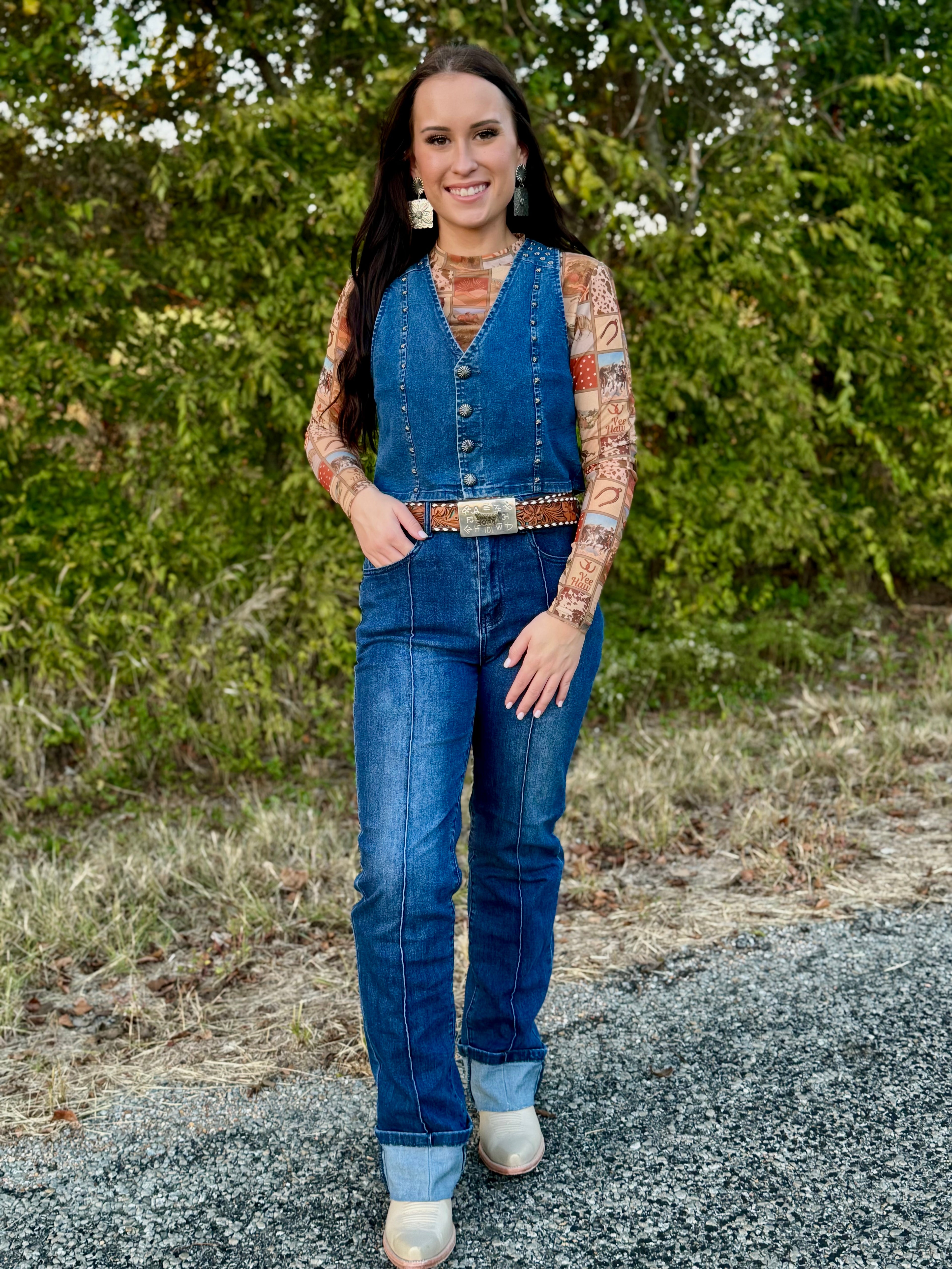 Square Western Collage Mesh Top