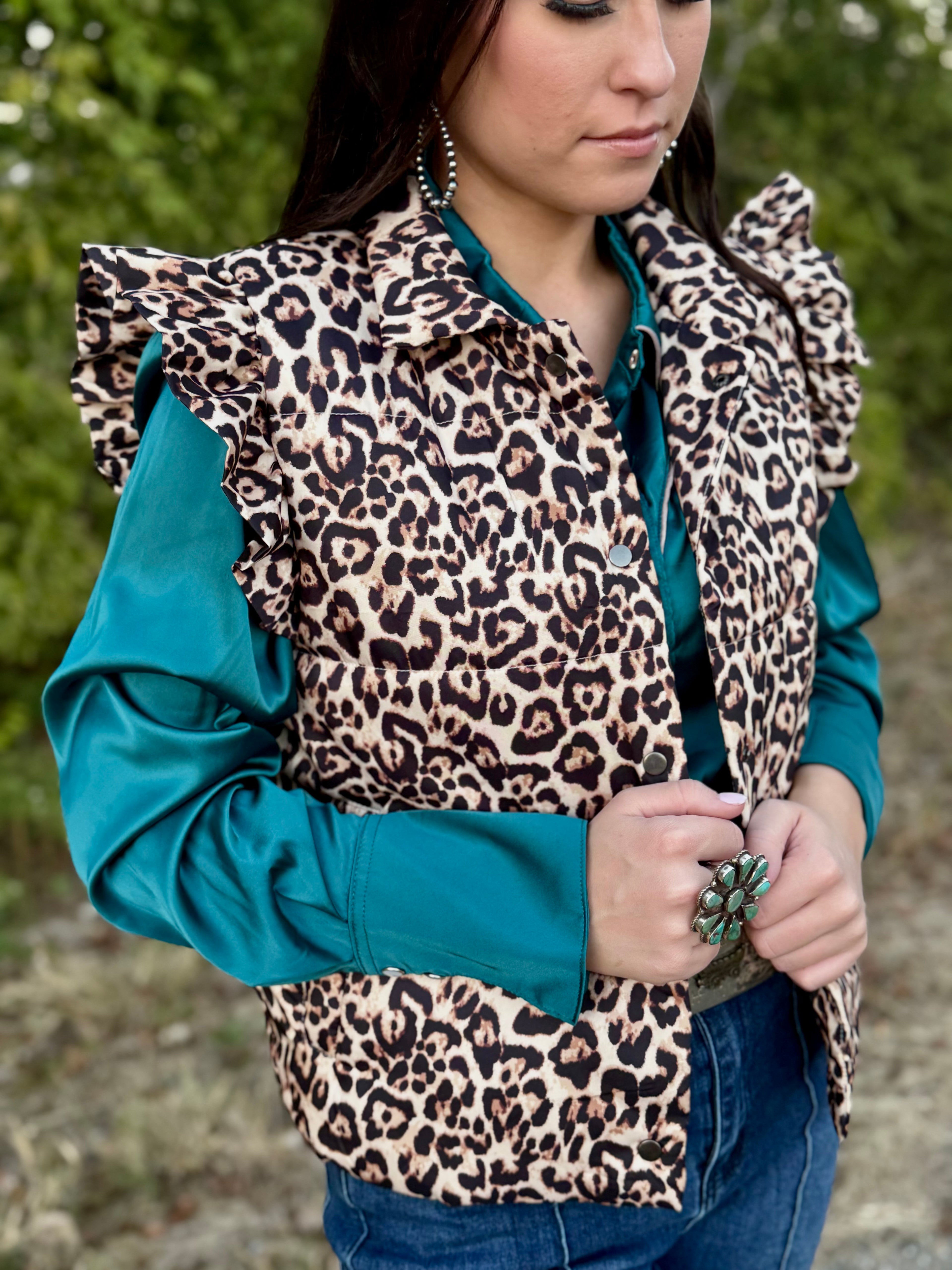 Leopard Ruffle Puffer Vest