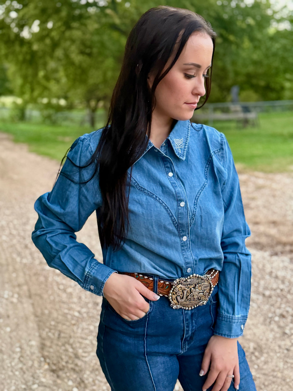 Denim Boot Stitch Long Sleeve Pearl Snap