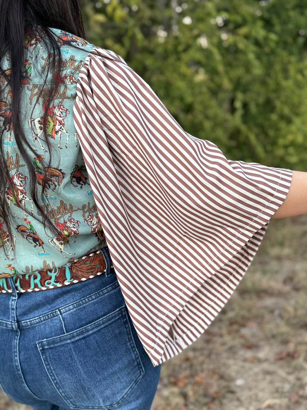 Vintage Teal Howdy Striped Pearl Snap