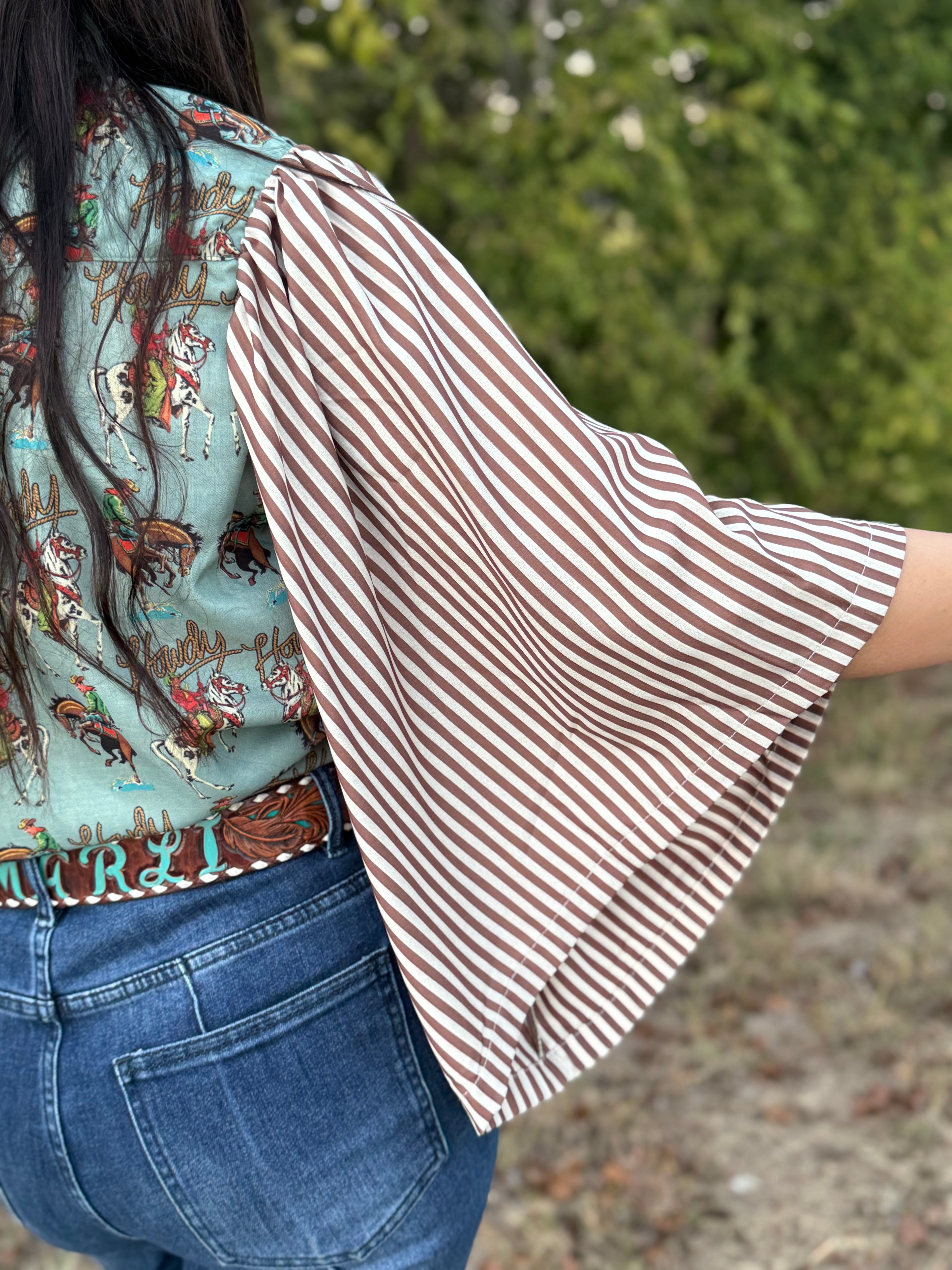 Vintage Teal Howdy Striped Pearl Snap