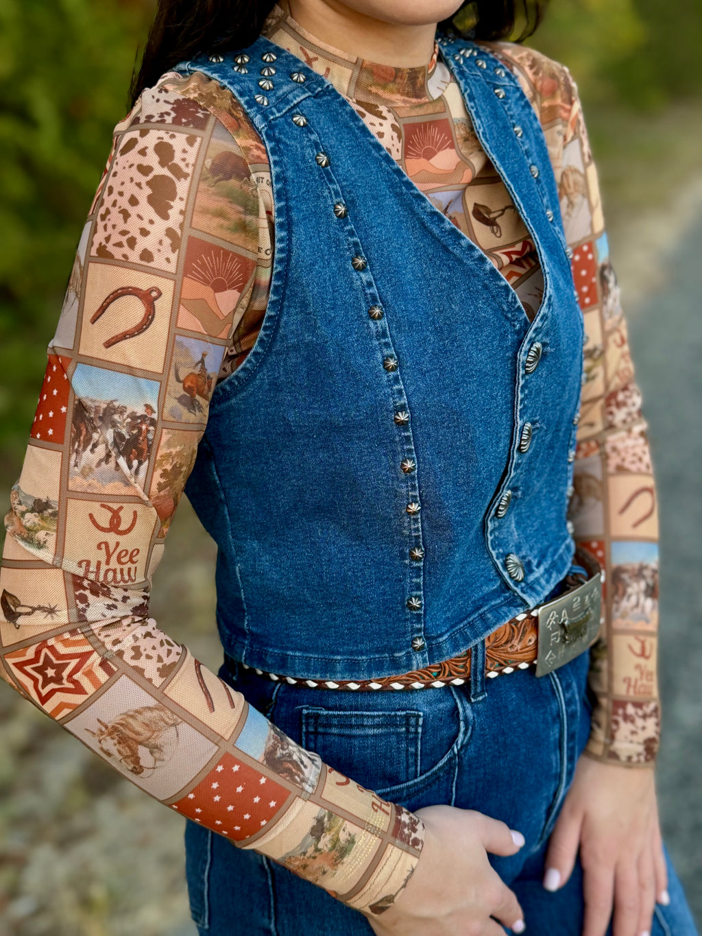 Square Western Collage Mesh Top