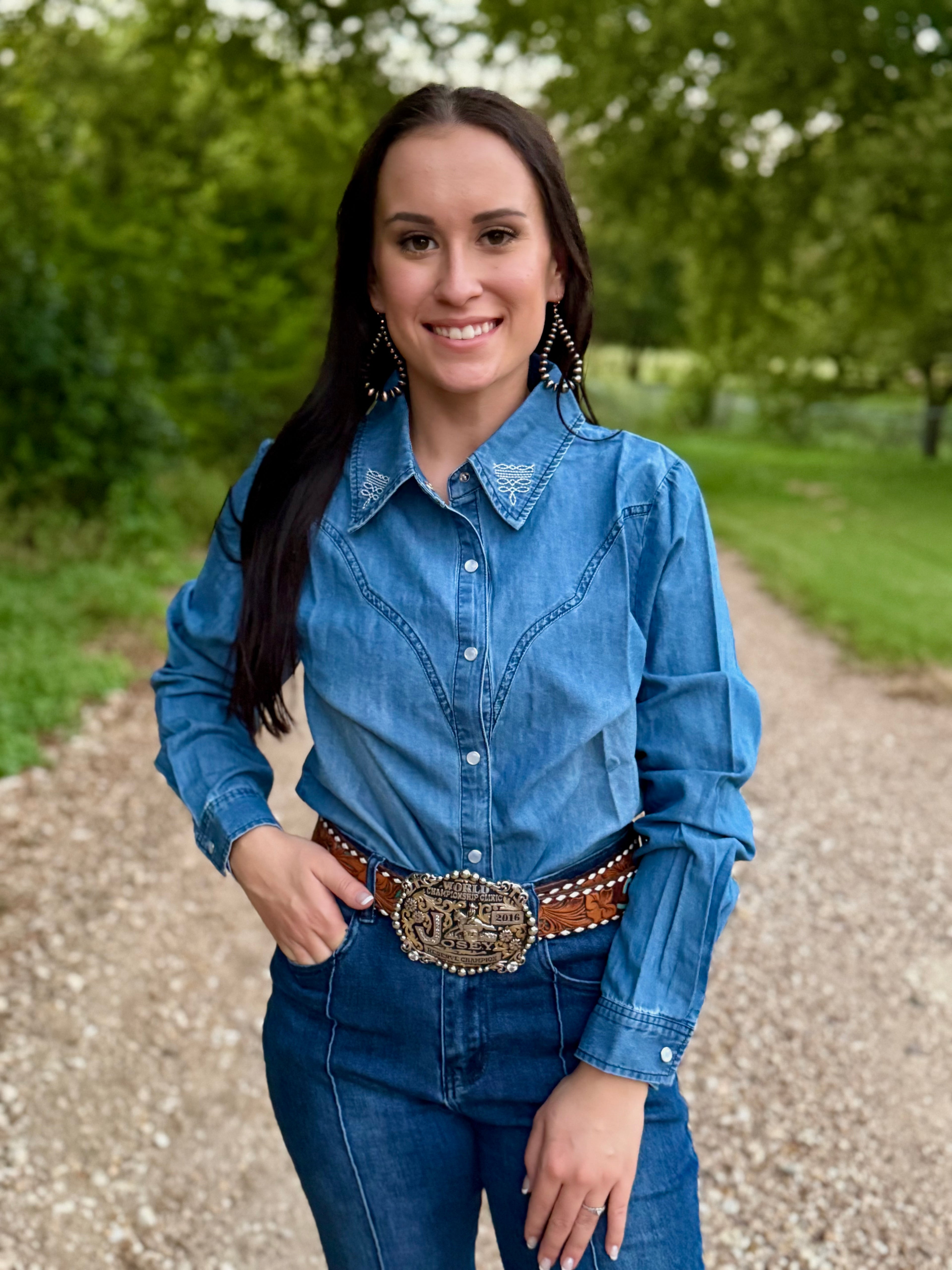 Denim Boot Stitch Long Sleeve Pearl Snap