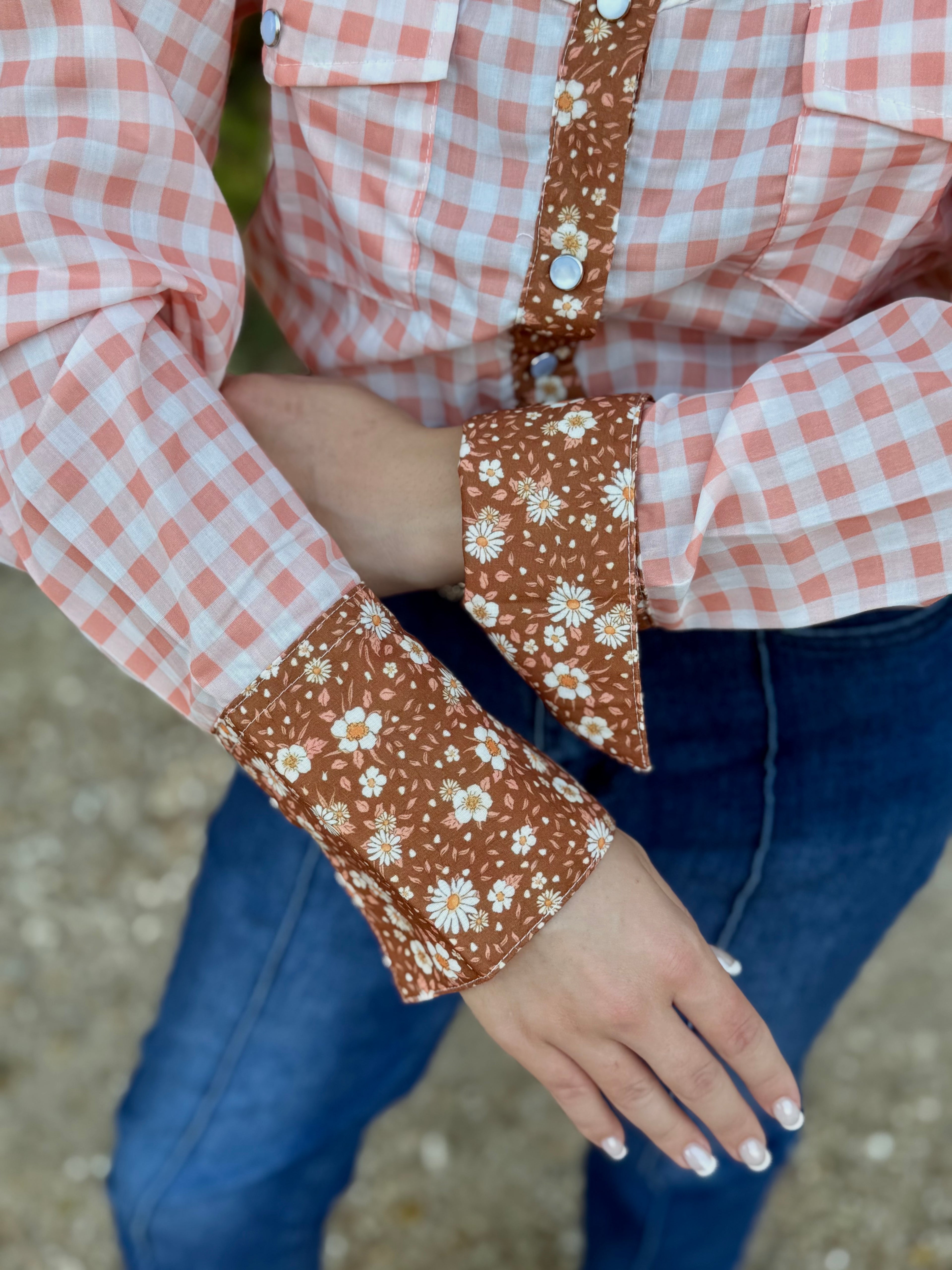 Rust Floral Peach Checkered Long Sleeve Pearl Snap