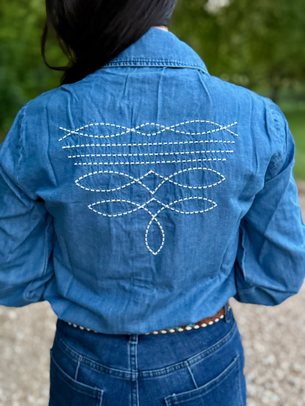 Denim Boot Stitch Long Sleeve Pearl Snap