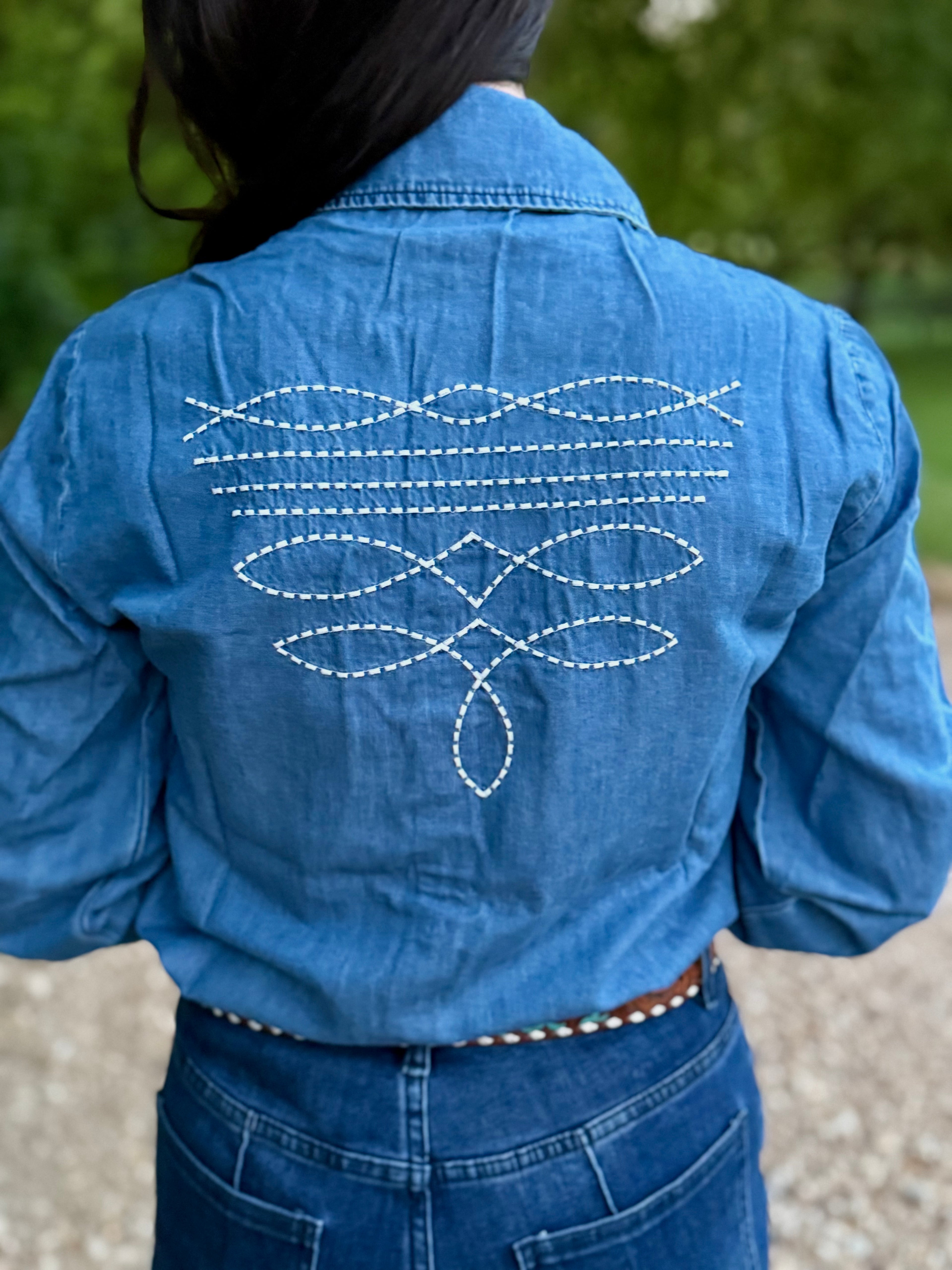 Denim Boot Stitch Long Sleeve Pearl Snap