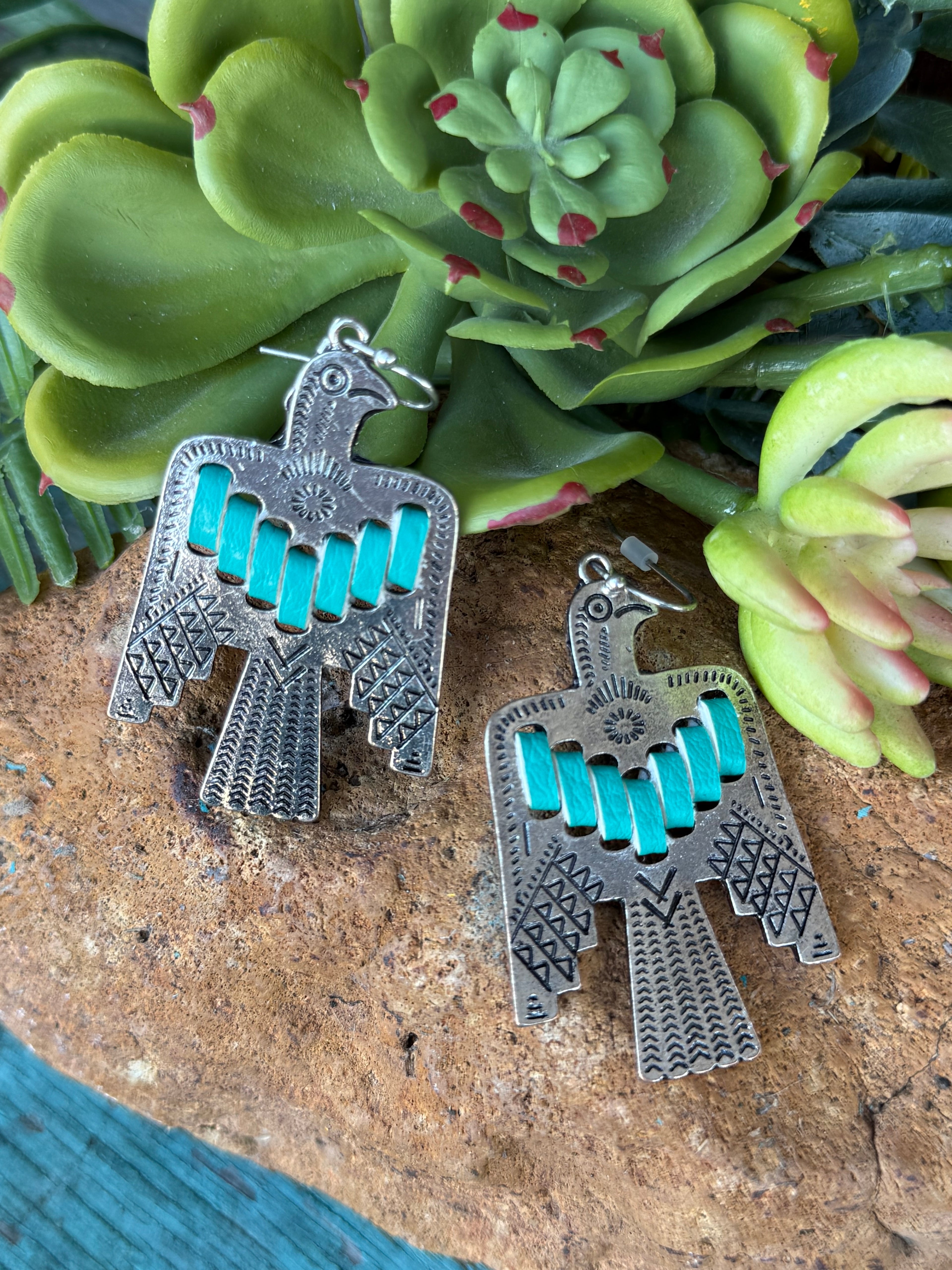 Silver Turquoise Laced Leather Earrings