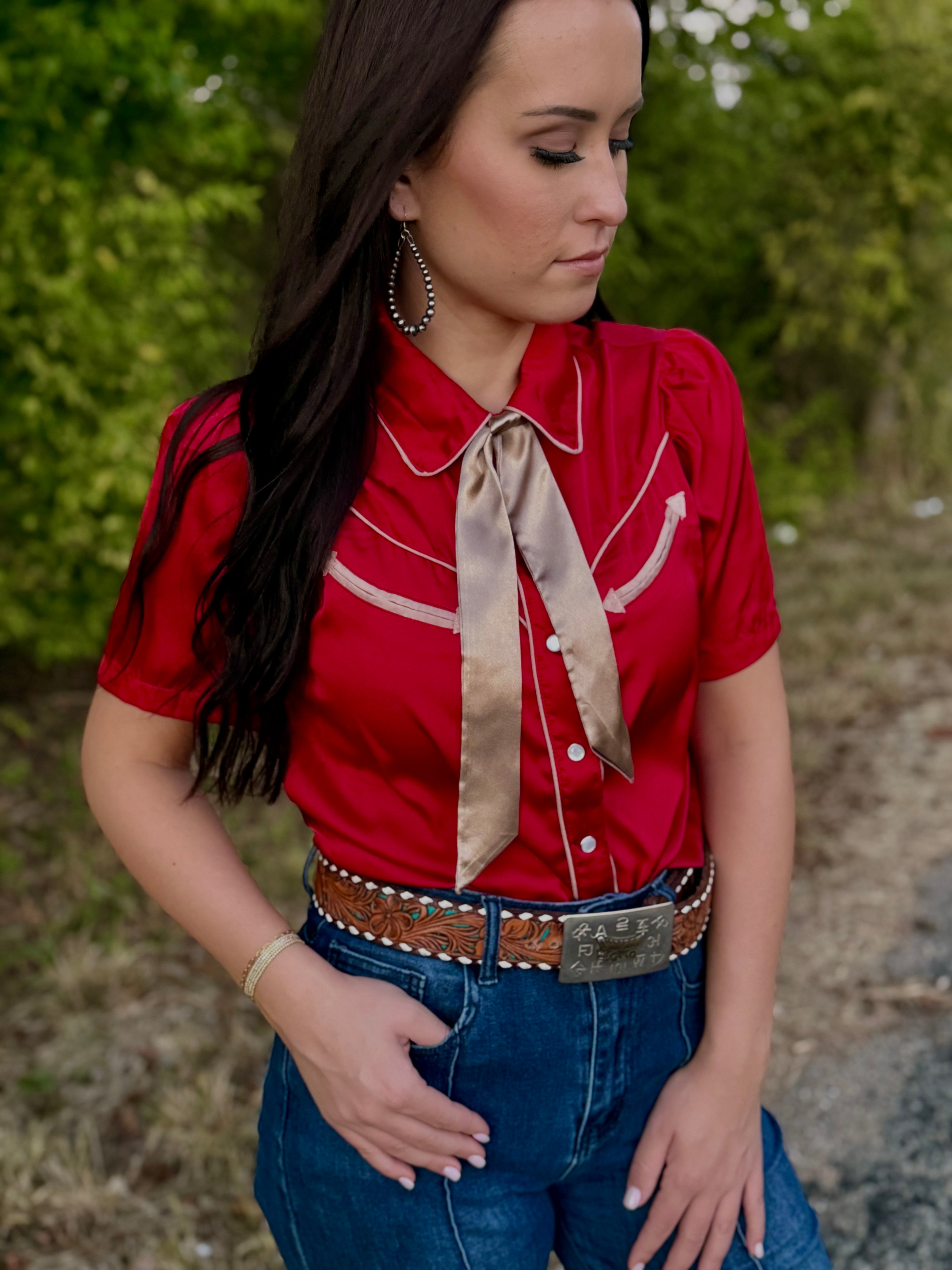 Crimson Short Sleeve Satin Pearl Snap