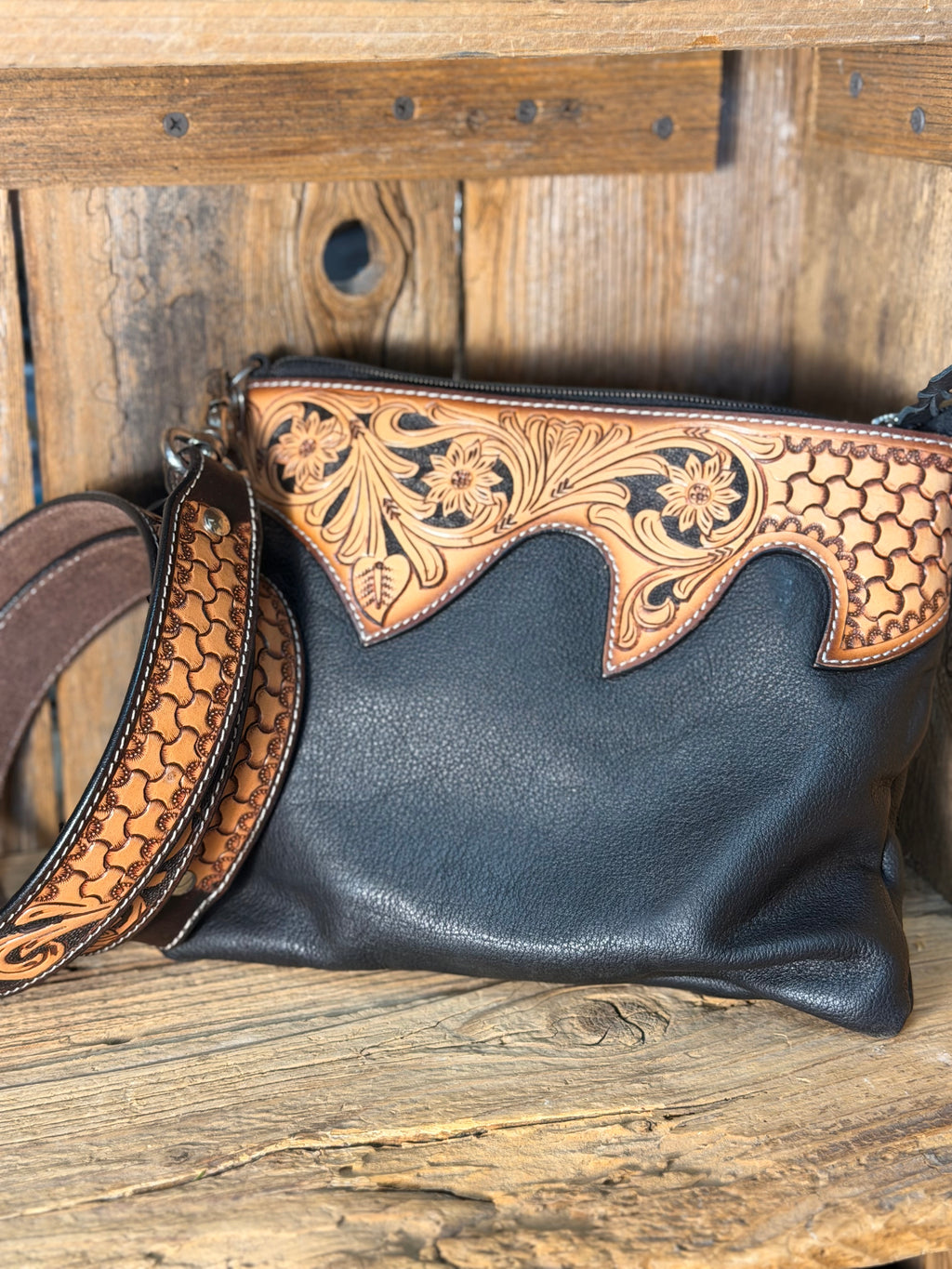 Tooled Black Soft Leather Crossbody