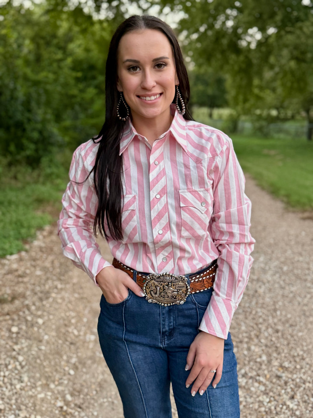 Pink White Stripe Pearl Snap