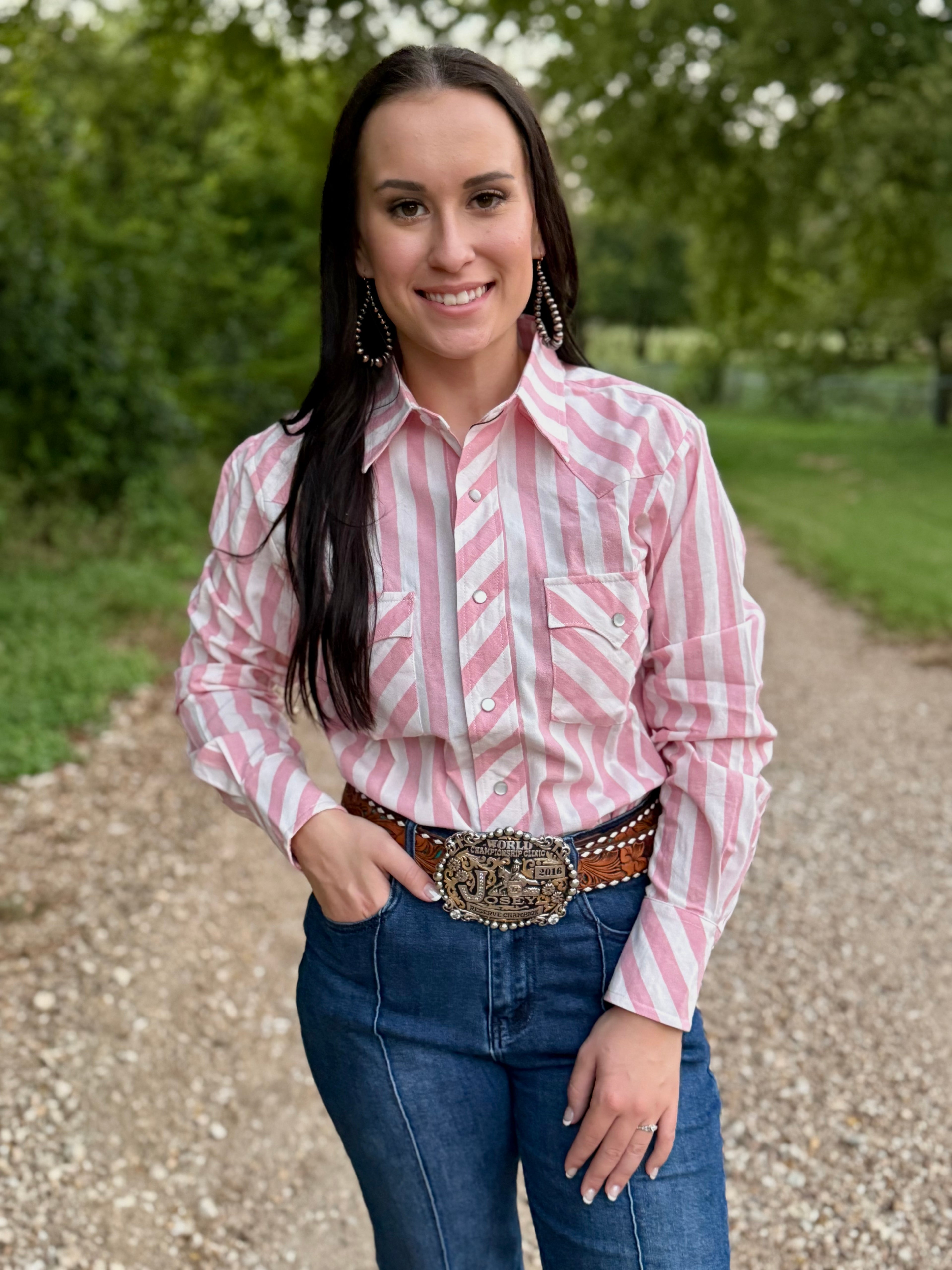 Pink White Stripe Pearl Snap