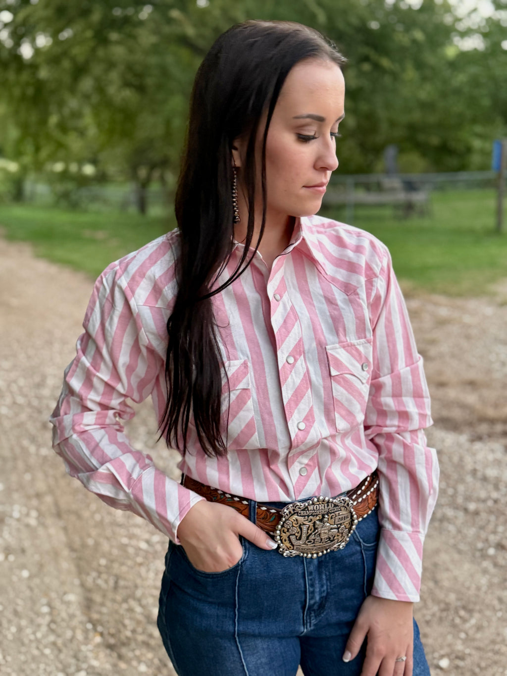 Pink White Stripe Pearl Snap