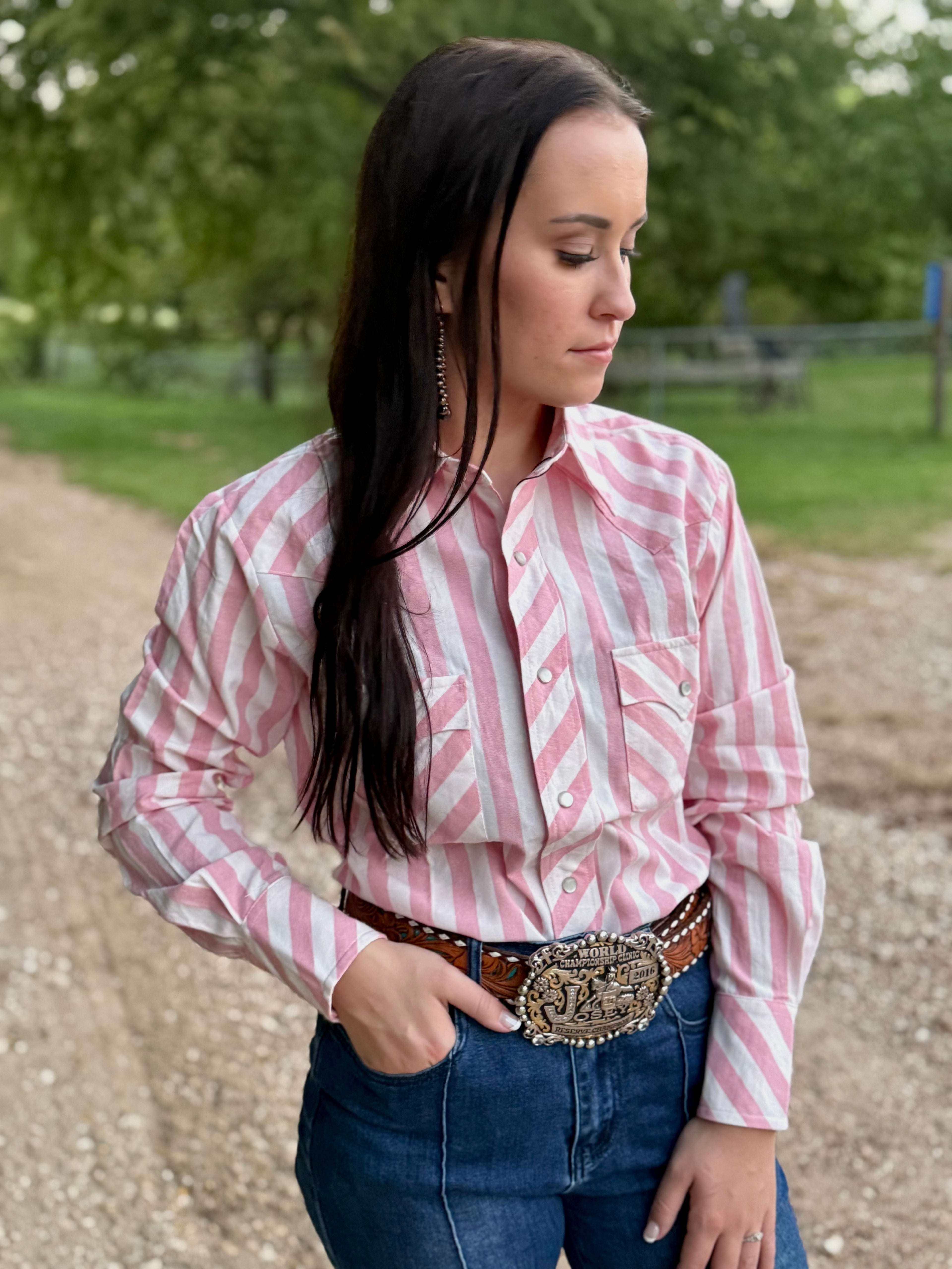 Pink White Stripe Pearl Snap