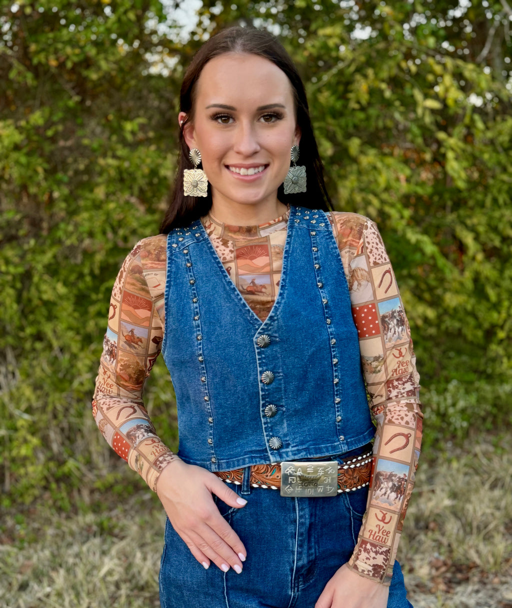 Square Western Collage Mesh Top