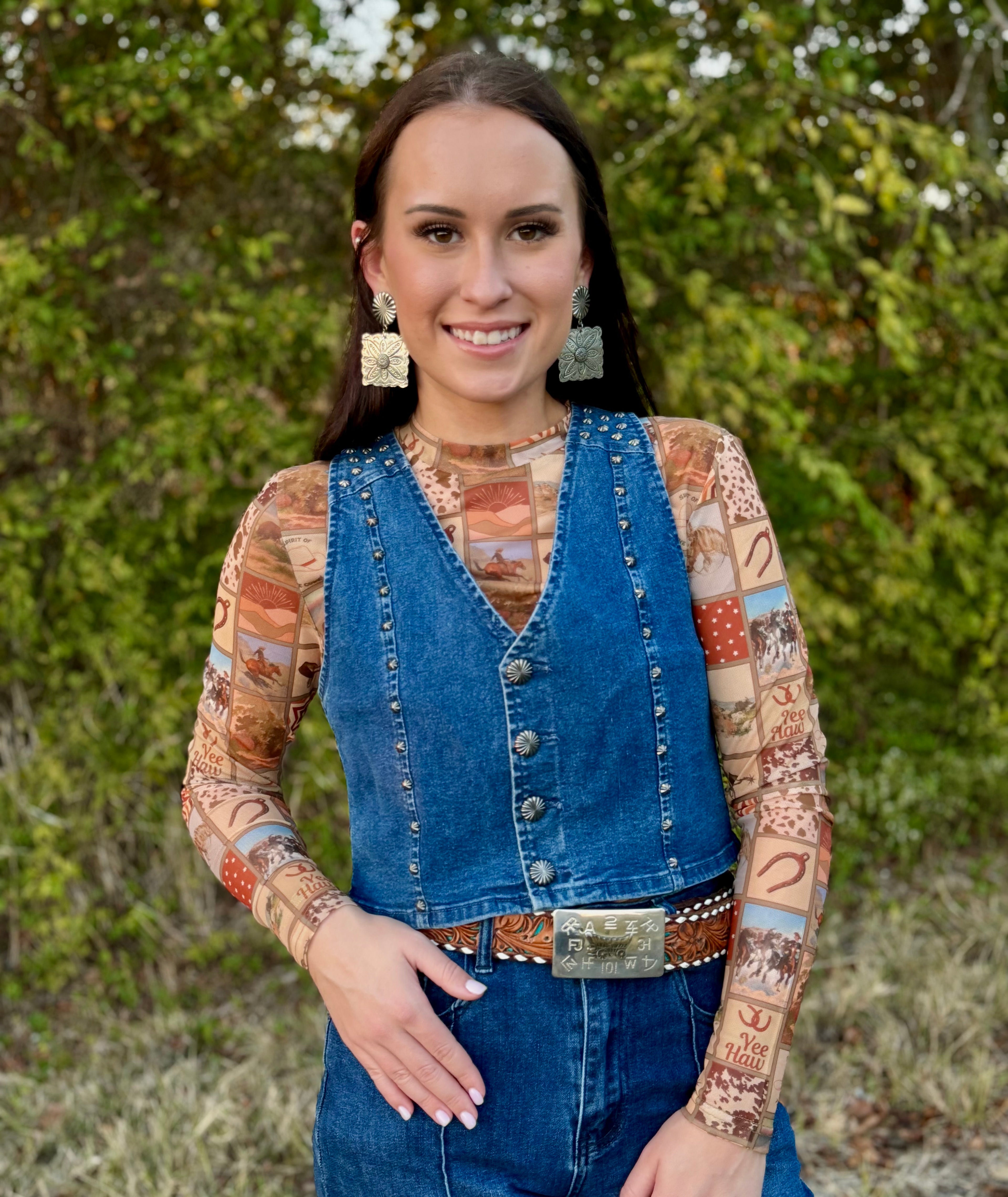Square Western Collage Mesh Top