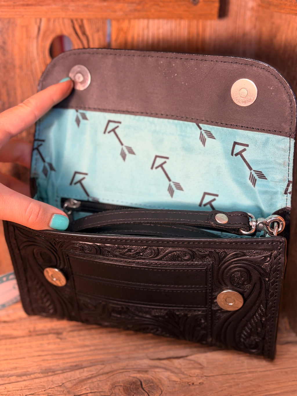 Black Buckstitch Tooled Crossbody