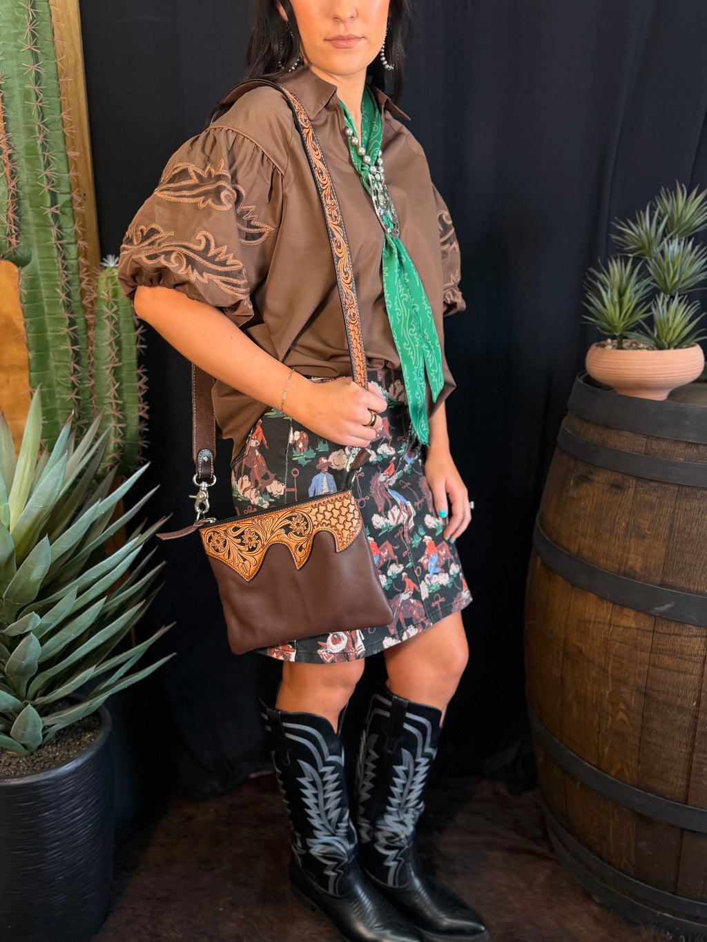 Tooled Brown Soft Leather Crossbody