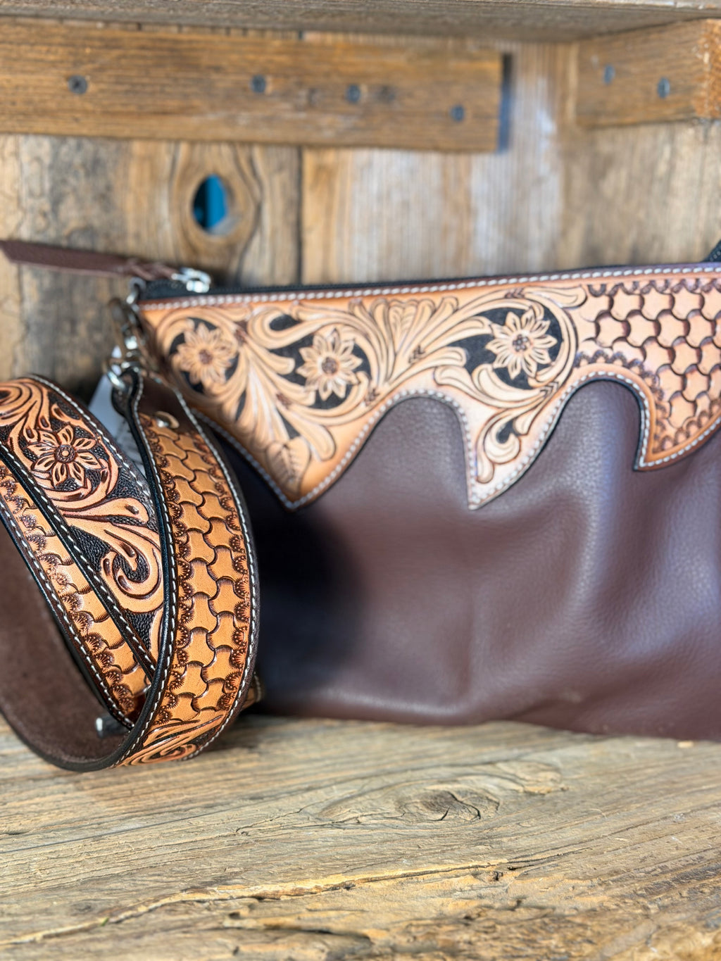 Tooled Brown Soft Leather Crossbody
