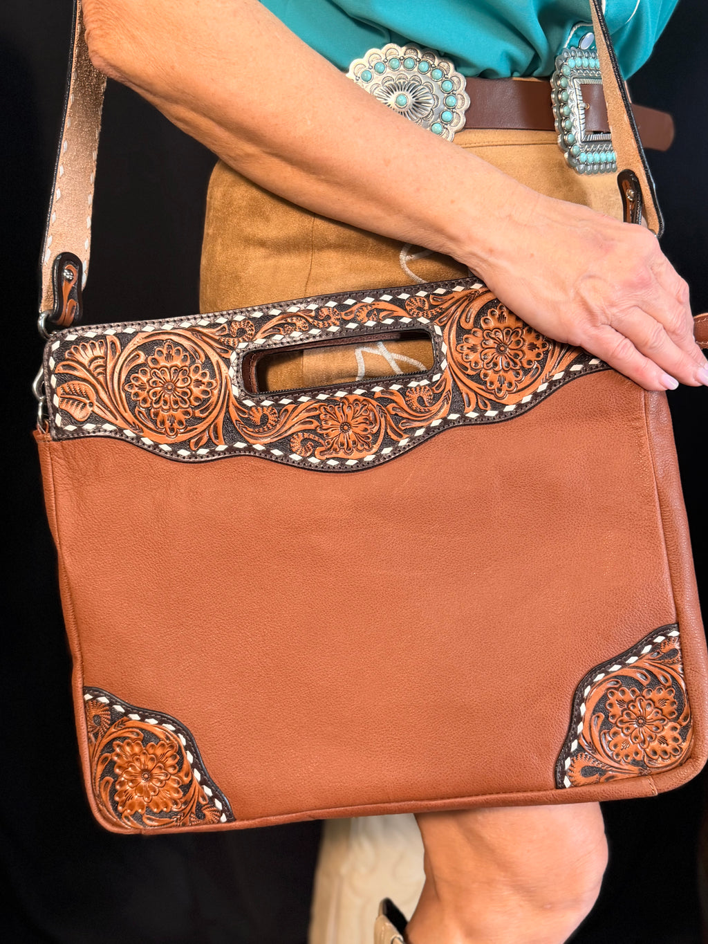 Tooled Buckstitch Brown Crossbody/ Clutch