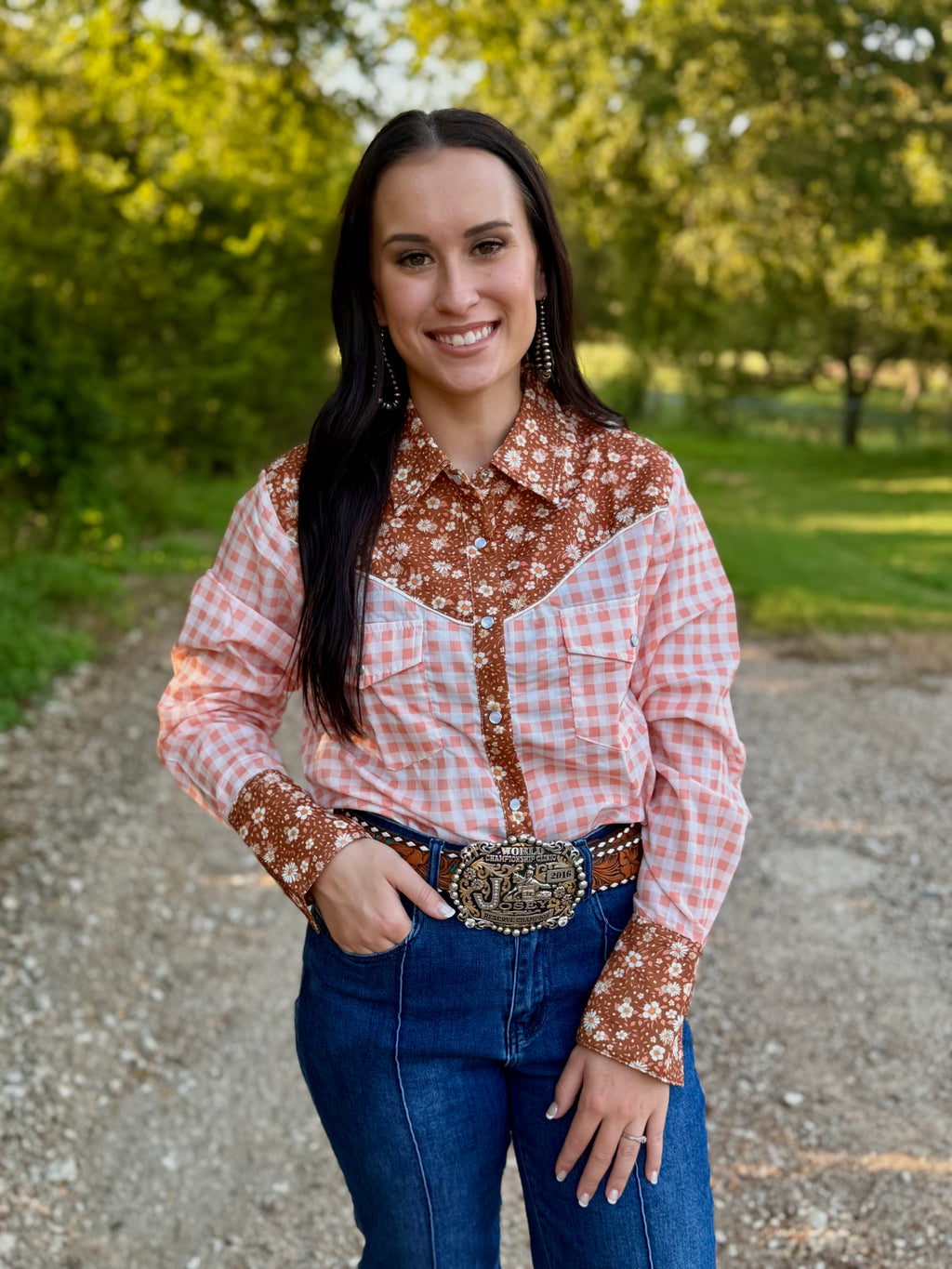 Rust Floral Peach Checkered Long Sleeve Pearl Snap