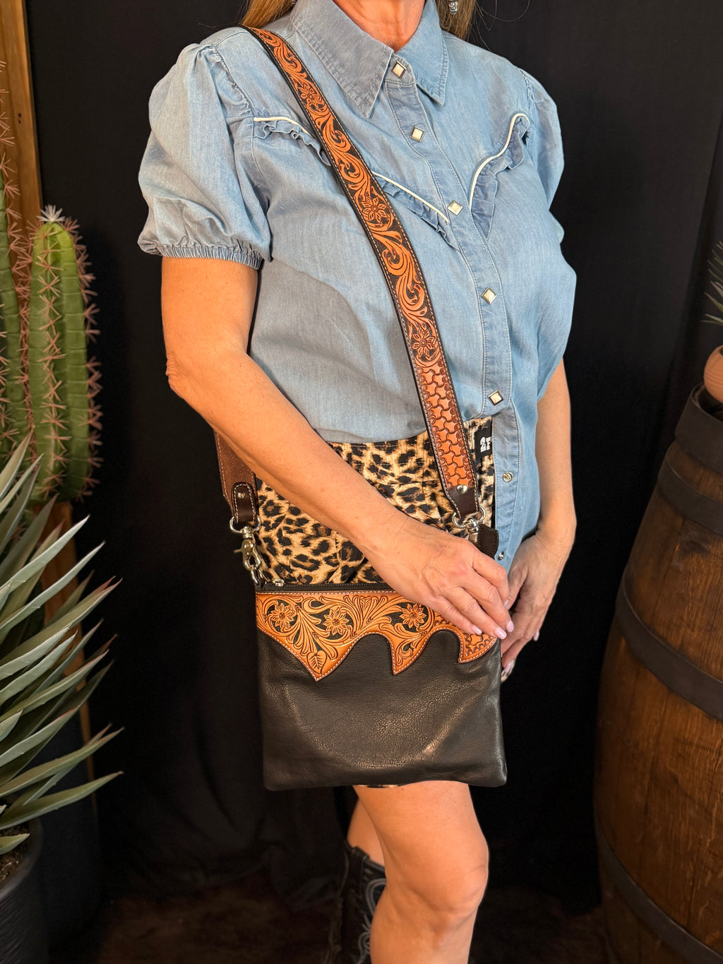 Tooled Black Soft Leather Crossbody