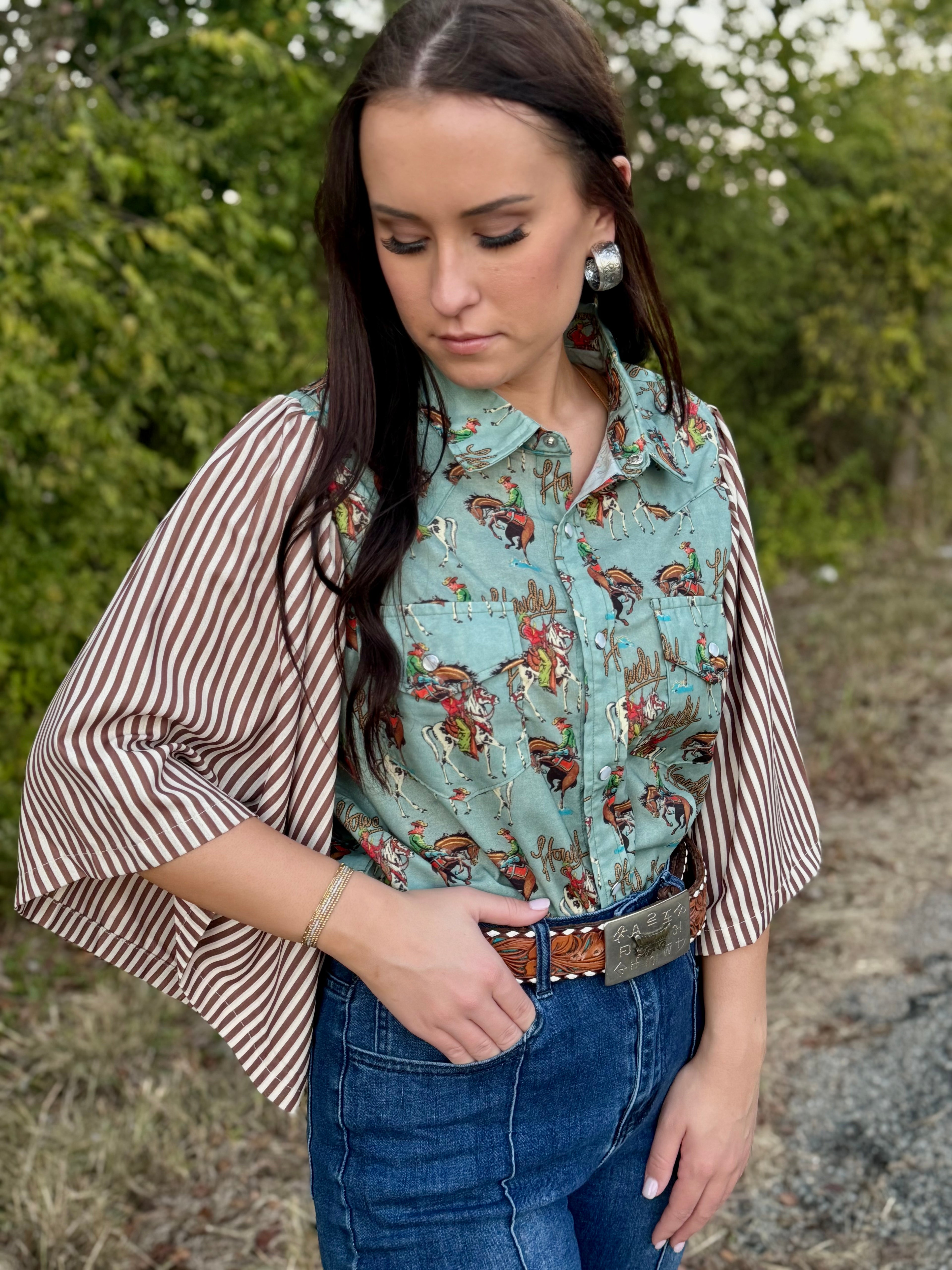 Vintage Teal Howdy Striped Pearl Snap