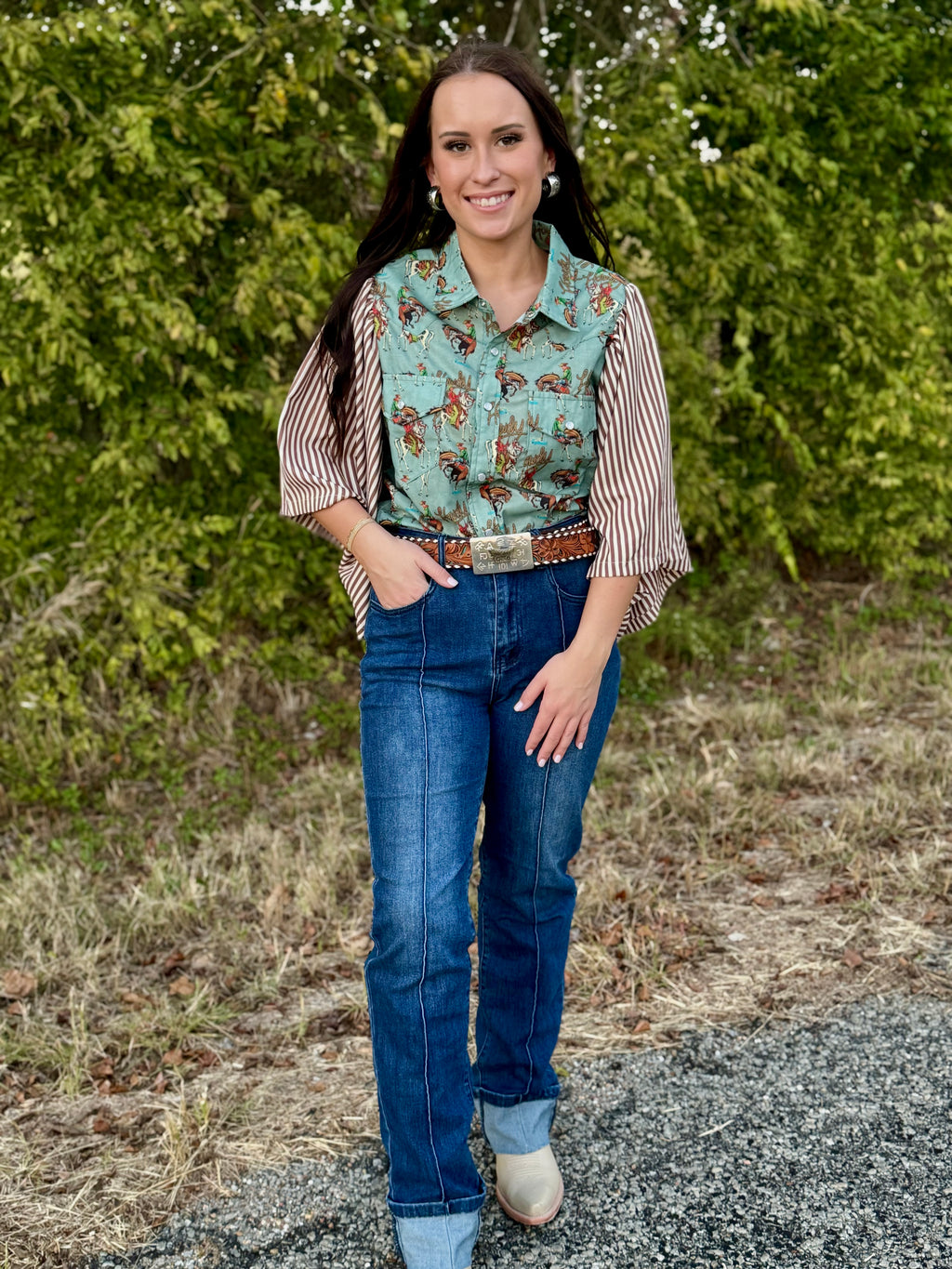 Vintage Teal Howdy Striped Pearl Snap