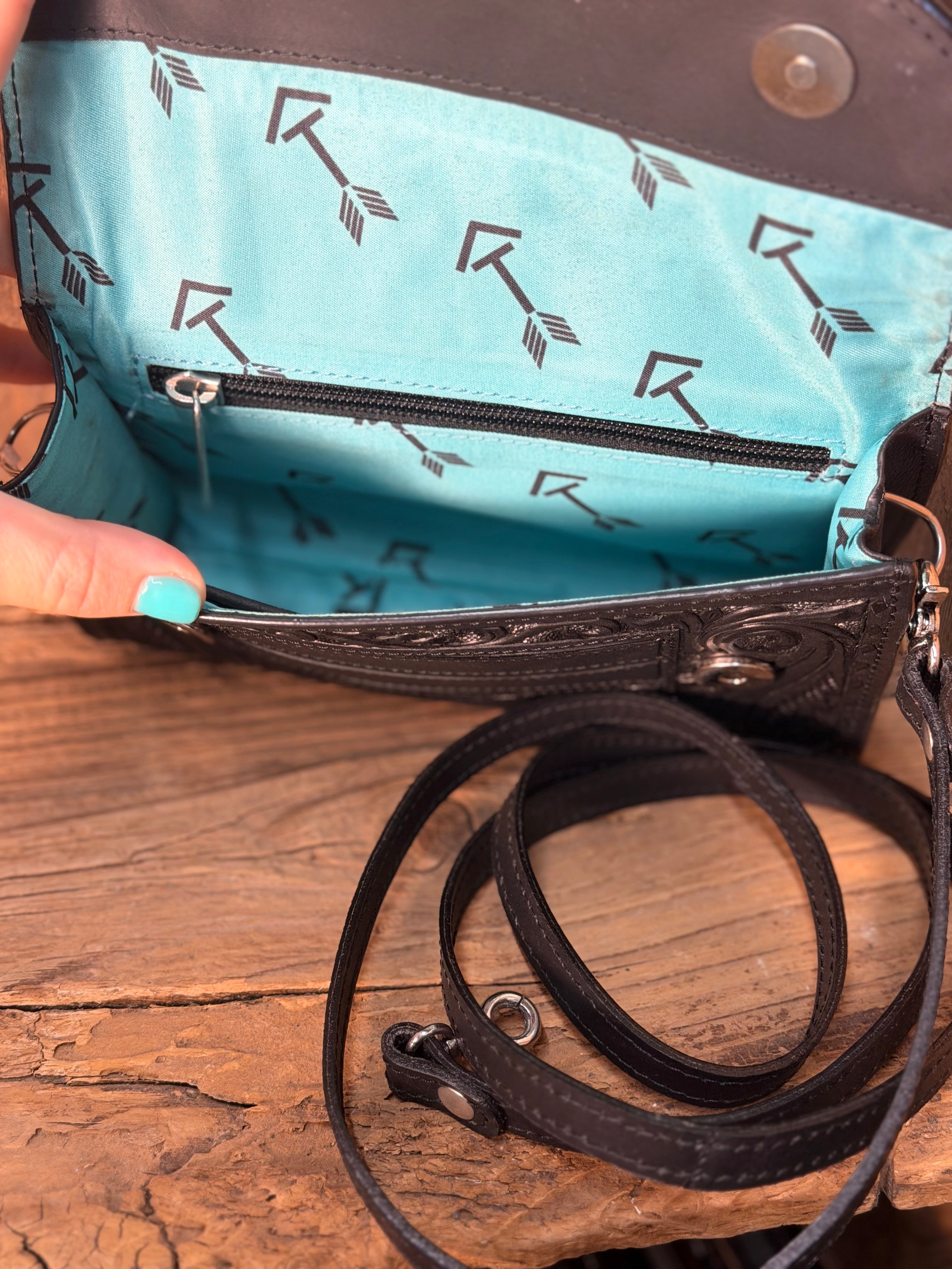 Black Buckstitch Tooled Crossbody