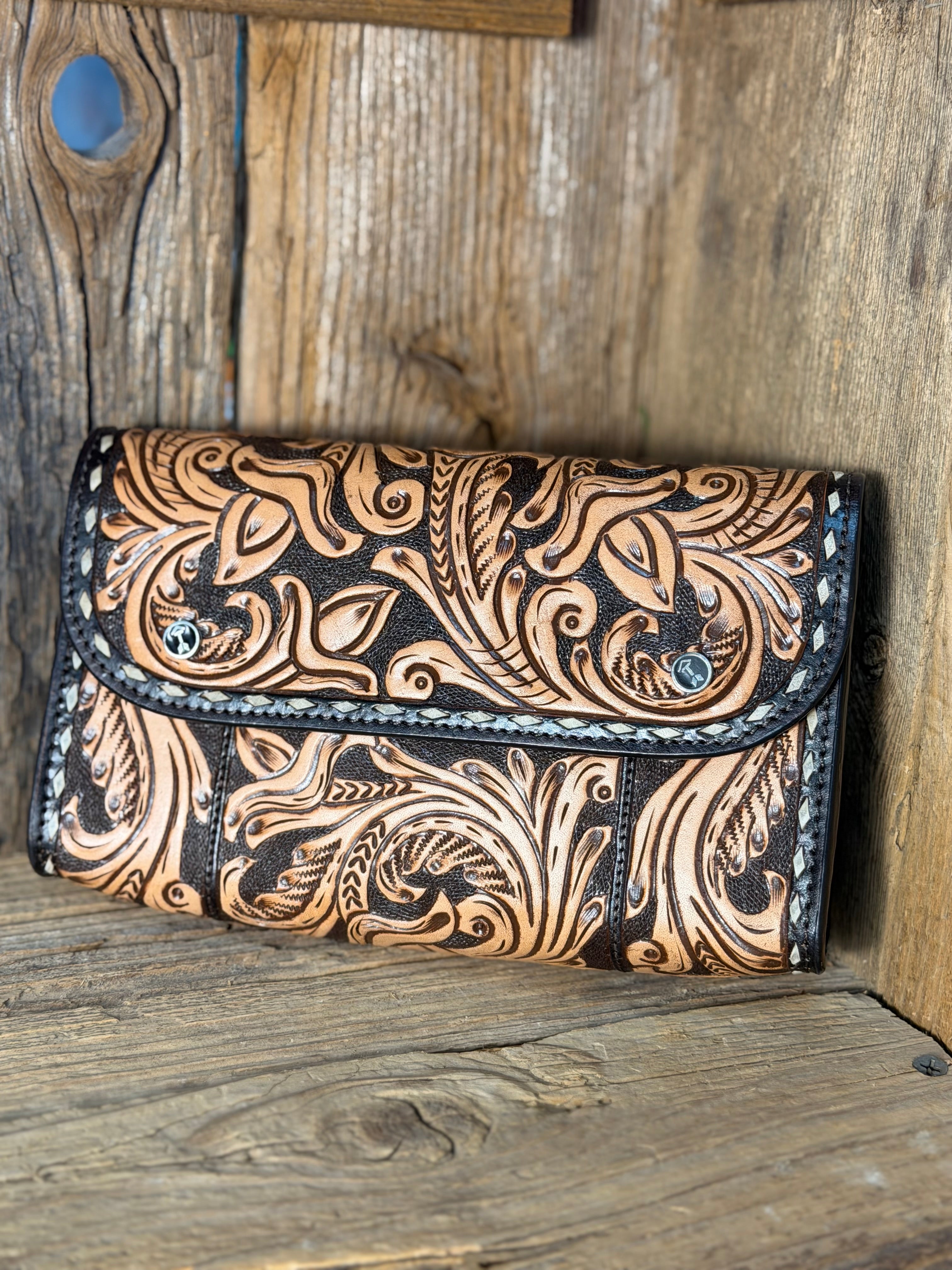 Brown Buckstitch Tooled Crossbody