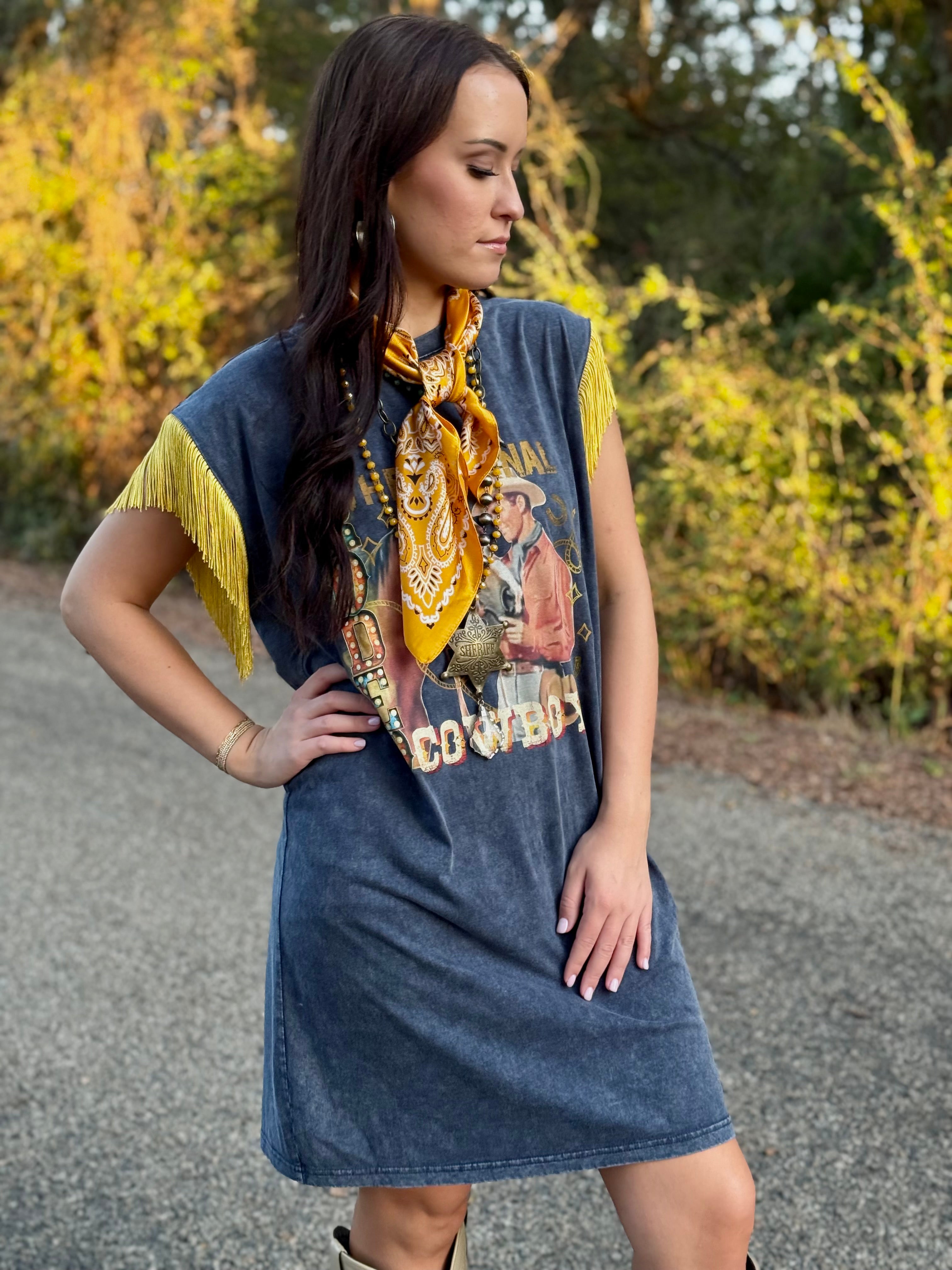 Blue Yellow Fringe Cowboy T-Shirt Dress