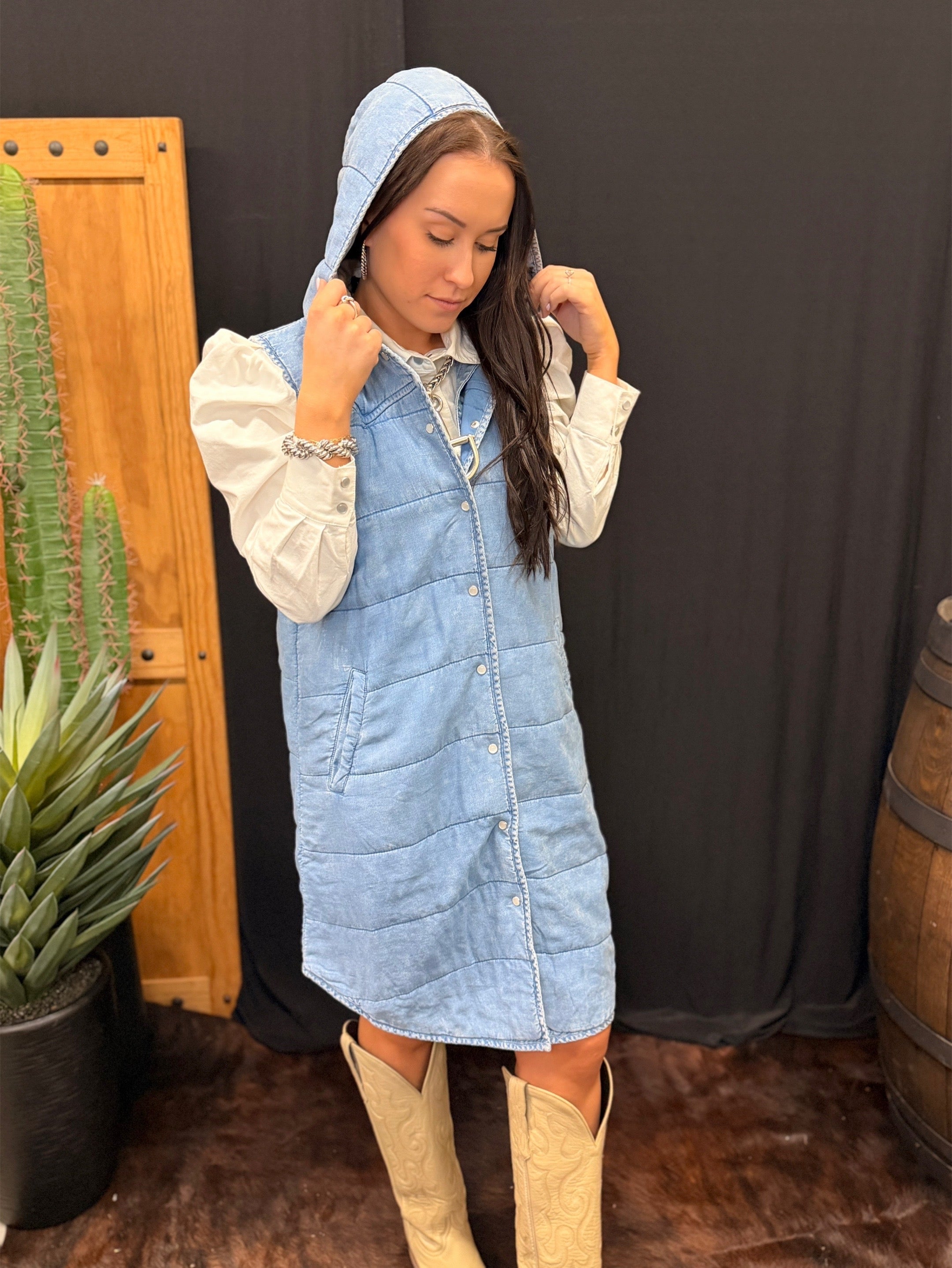 Denim Drift Hooded Puffer Vest