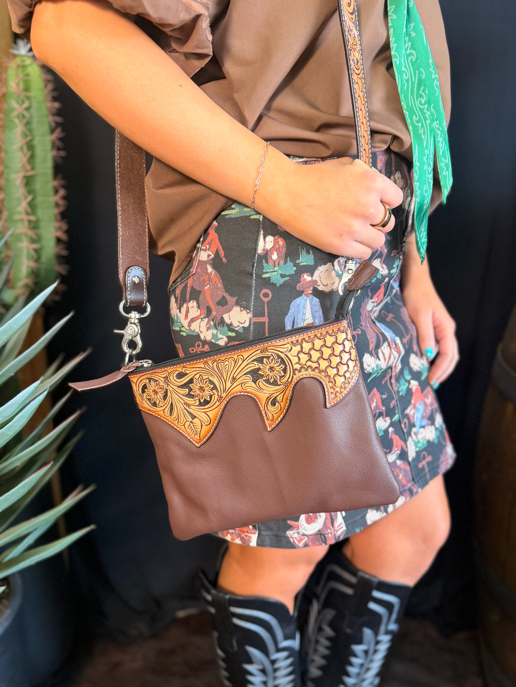 Tooled Brown Soft Leather Crossbody