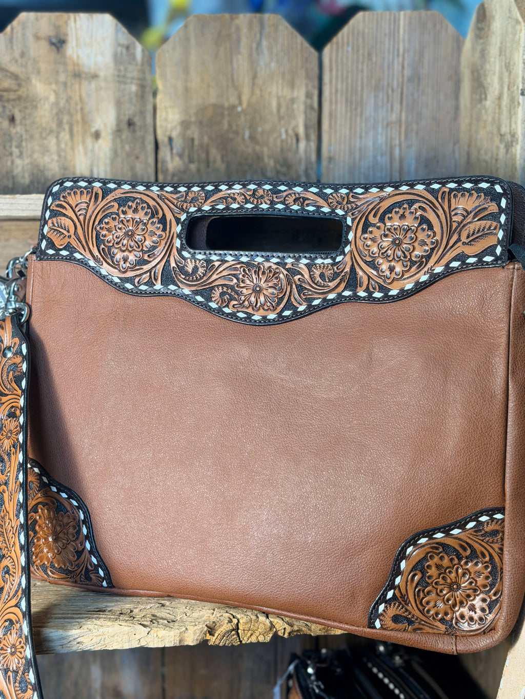 Tooled Buckstitch Brown Crossbody/ Clutch
