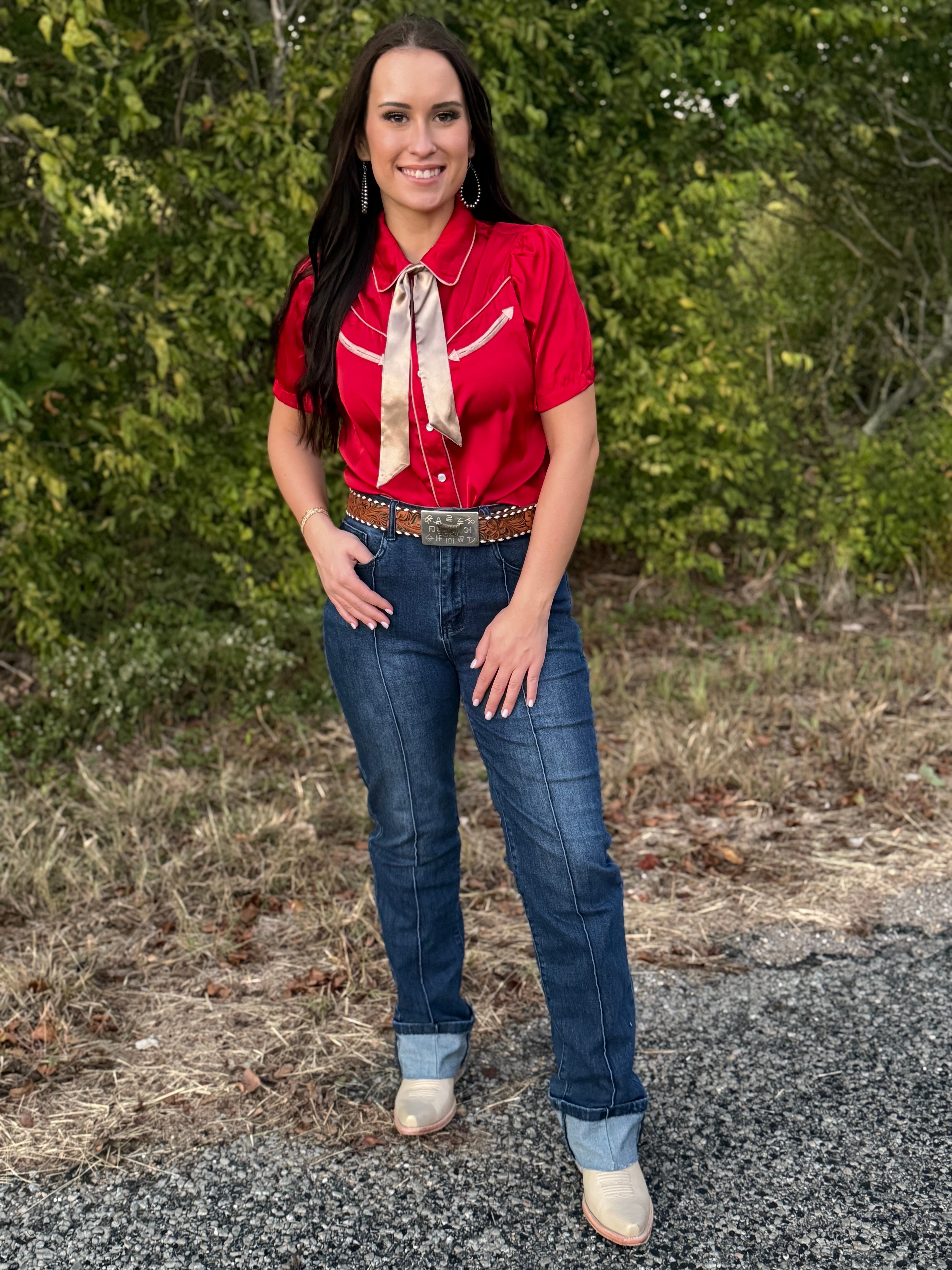 Crimson Short Sleeve Satin Pearl Snap