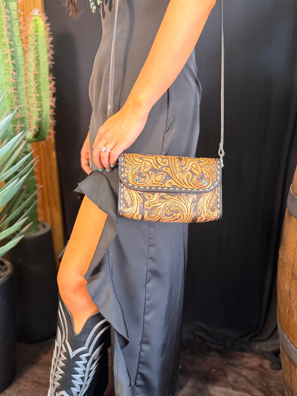 Brown Buckstitch Tooled Crossbody