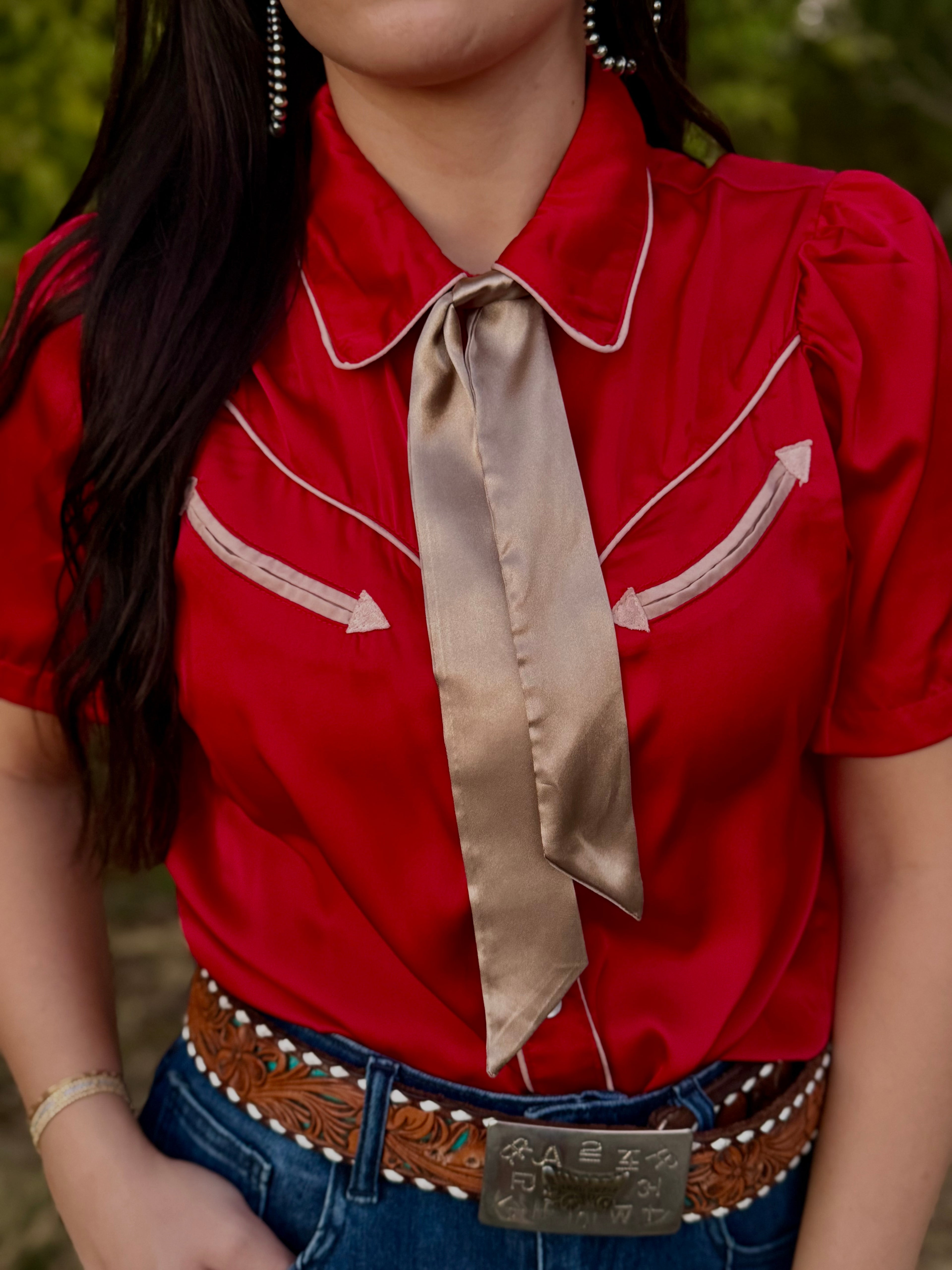 Crimson Short Sleeve Satin Pearl Snap