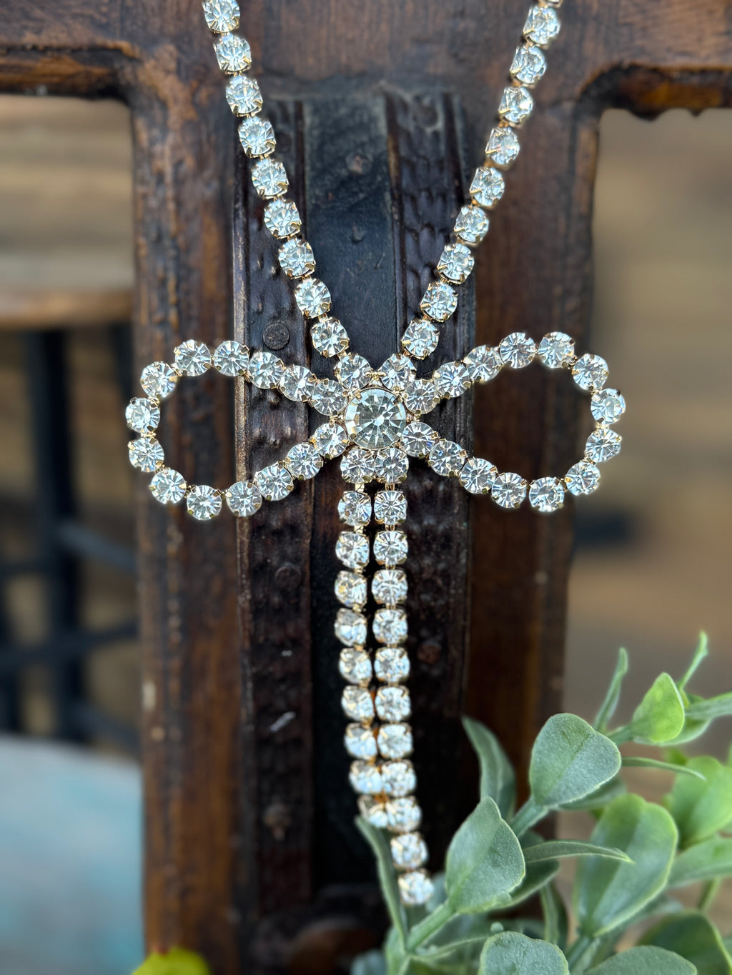 Clear Rhinestone Gold Bow Necklace