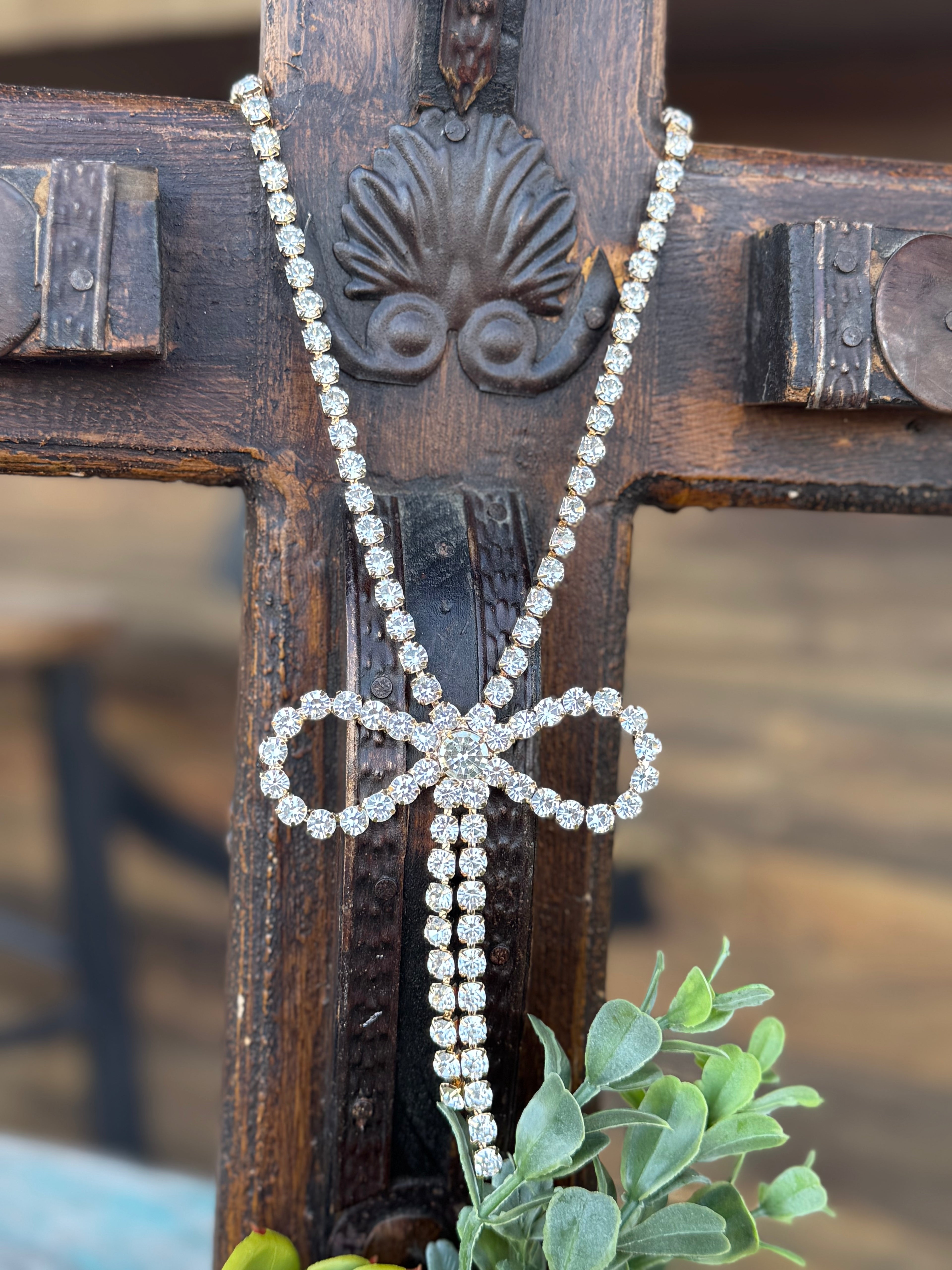Clear Rhinestone Gold Bow Necklace