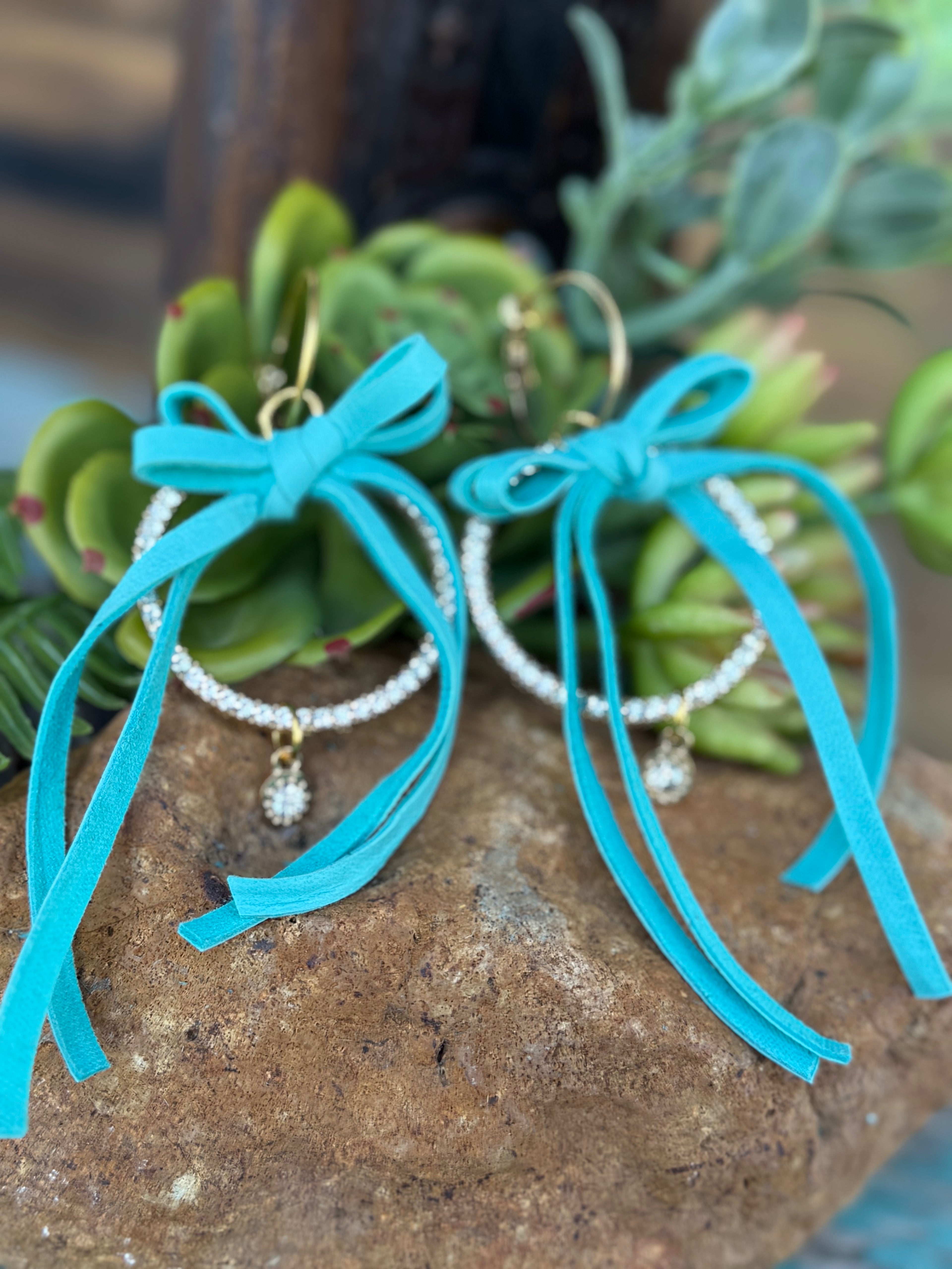 Turquoise Leather Bow Crystal Hoop Earrings
