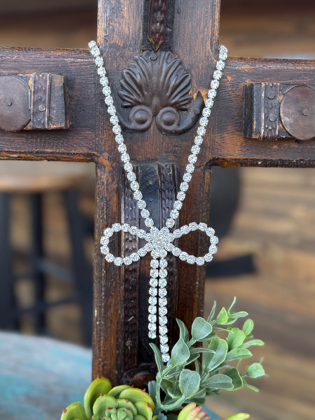 Clear Rhinestone Silver Bow Necklace