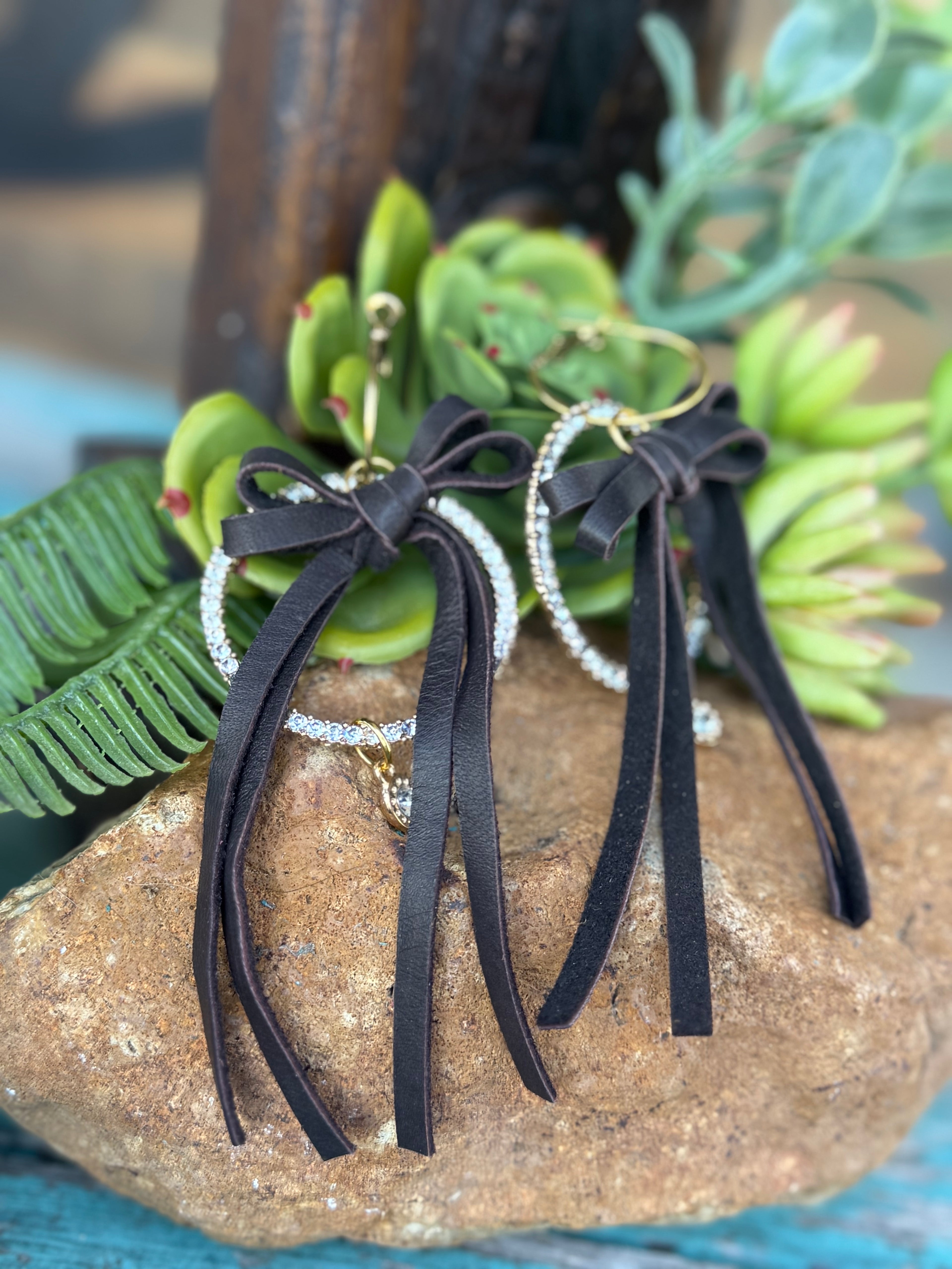 Brown Leather Bow Crystal Hoop Earrings