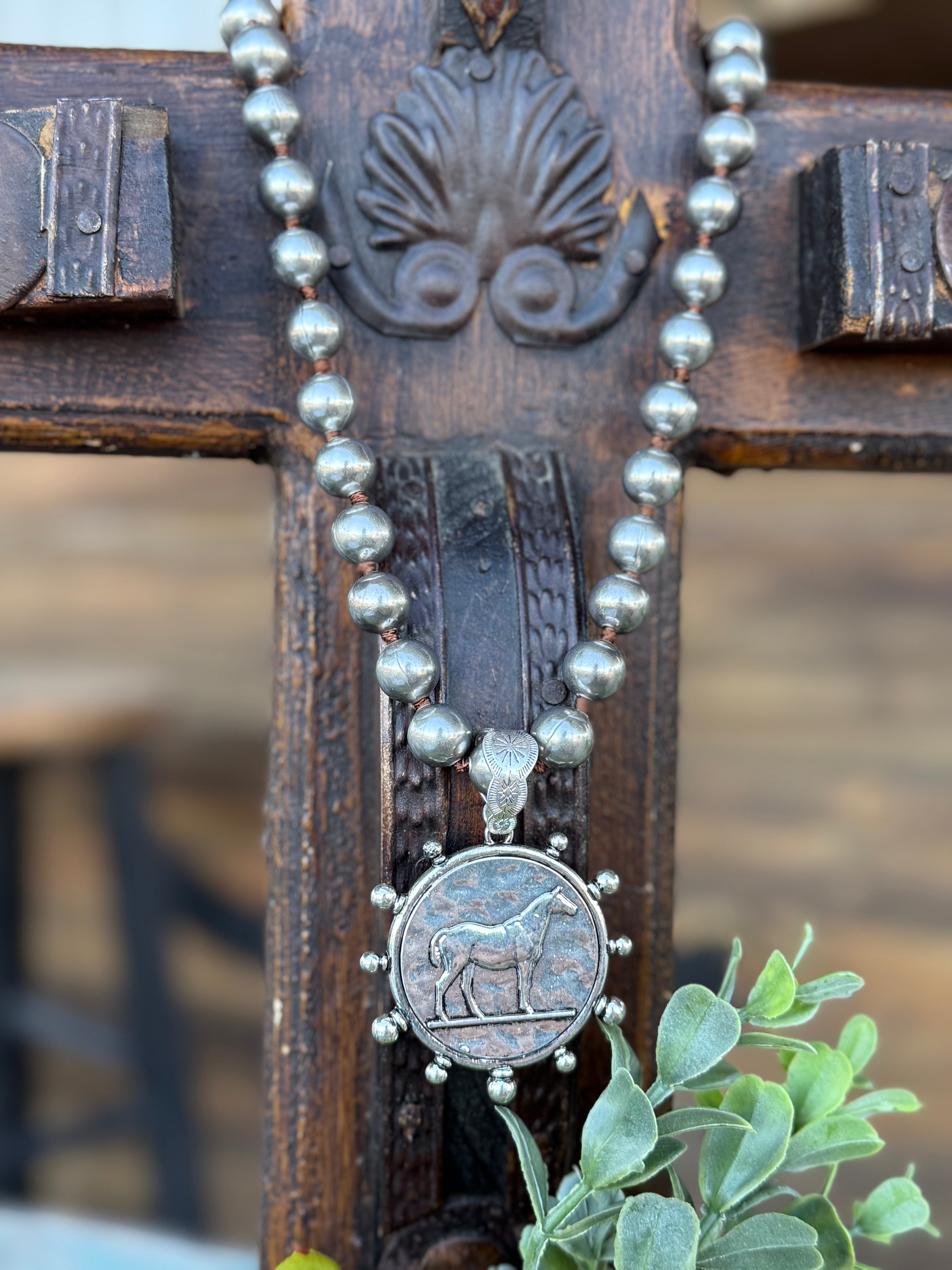 Faux Pearls Horse Pendant Necklace