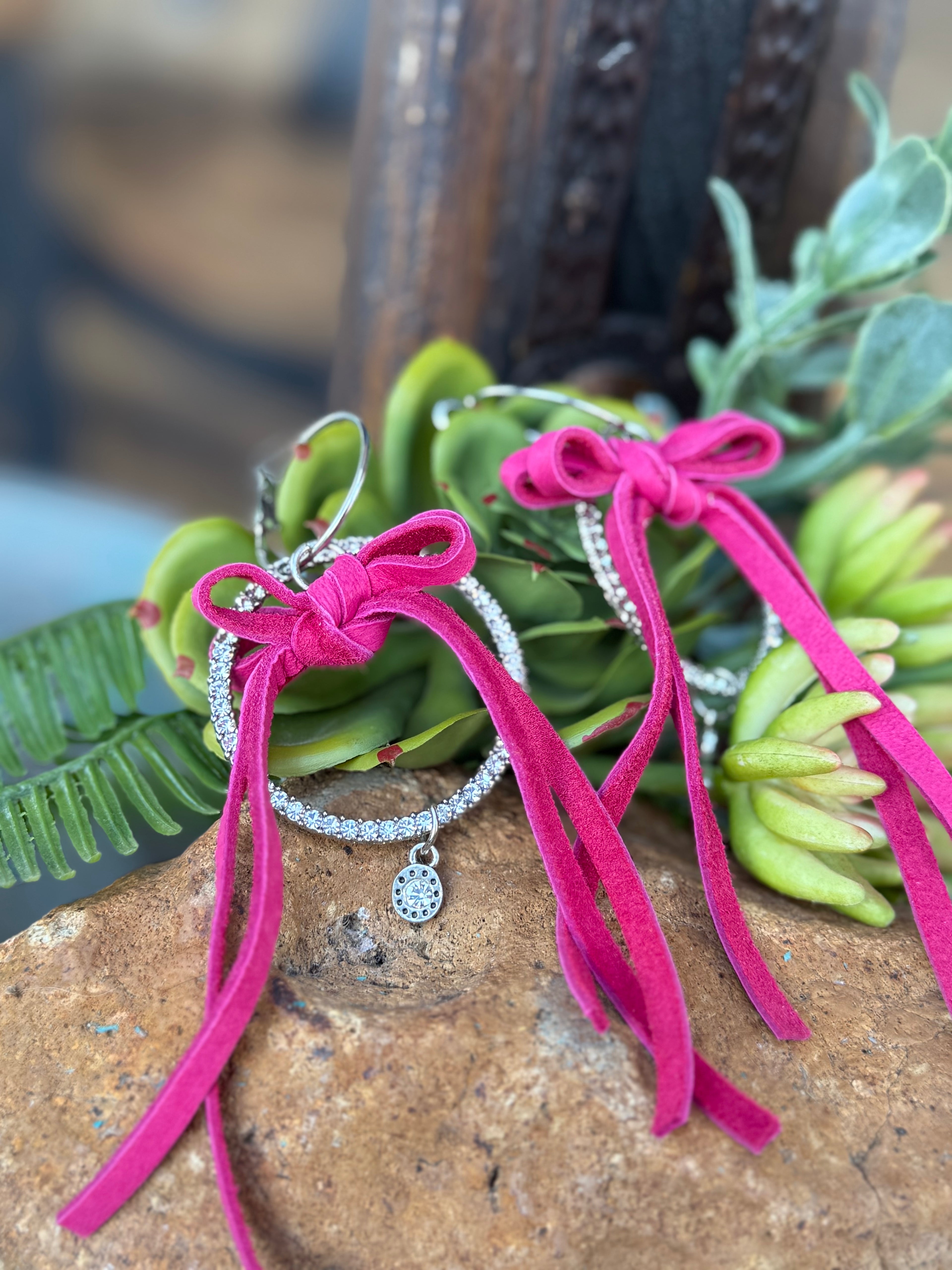 Pink Leather Bow Crystal Hoop Earrings