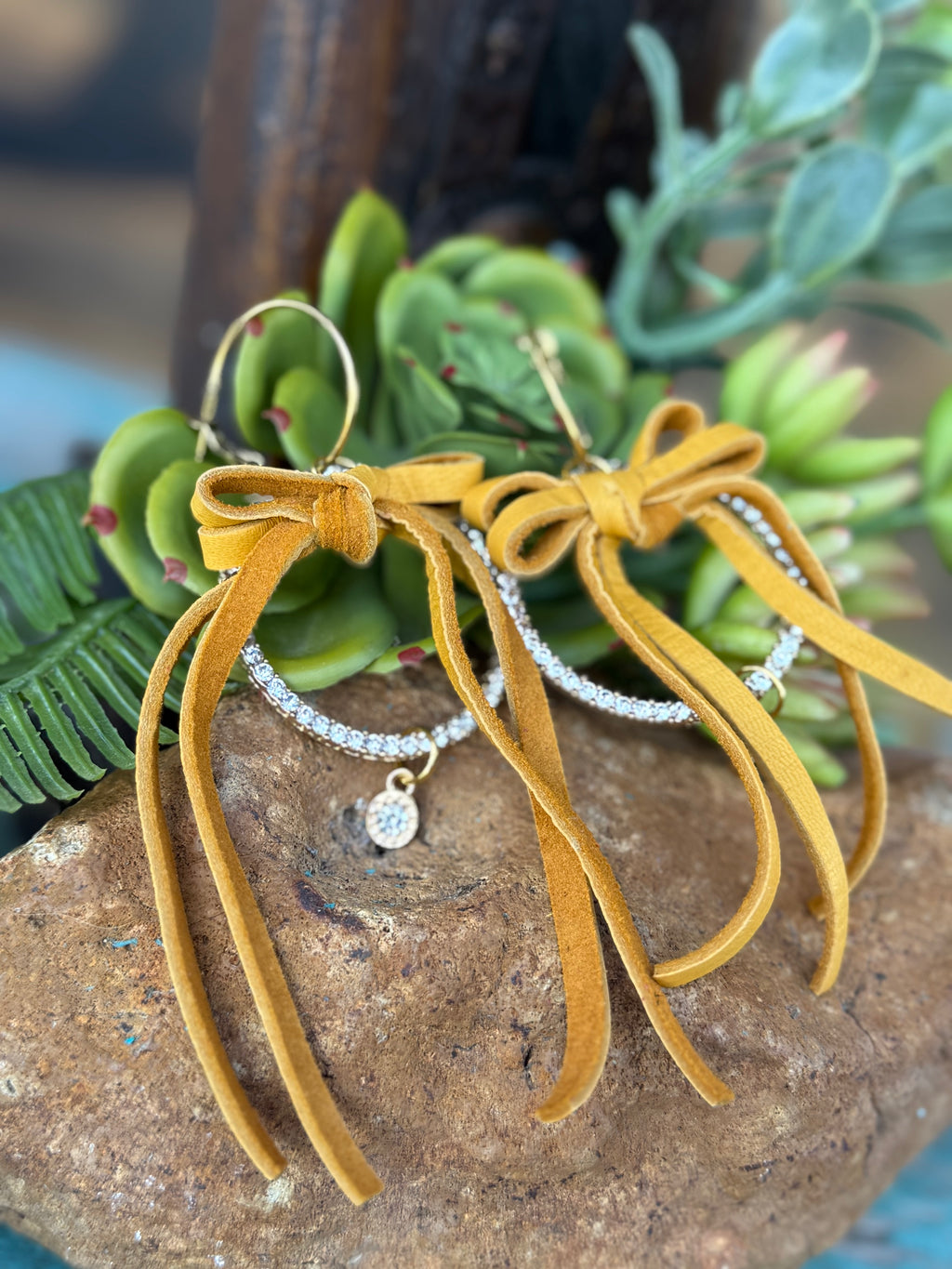 Mustard Leather Bow Crystal Hoop Earrings