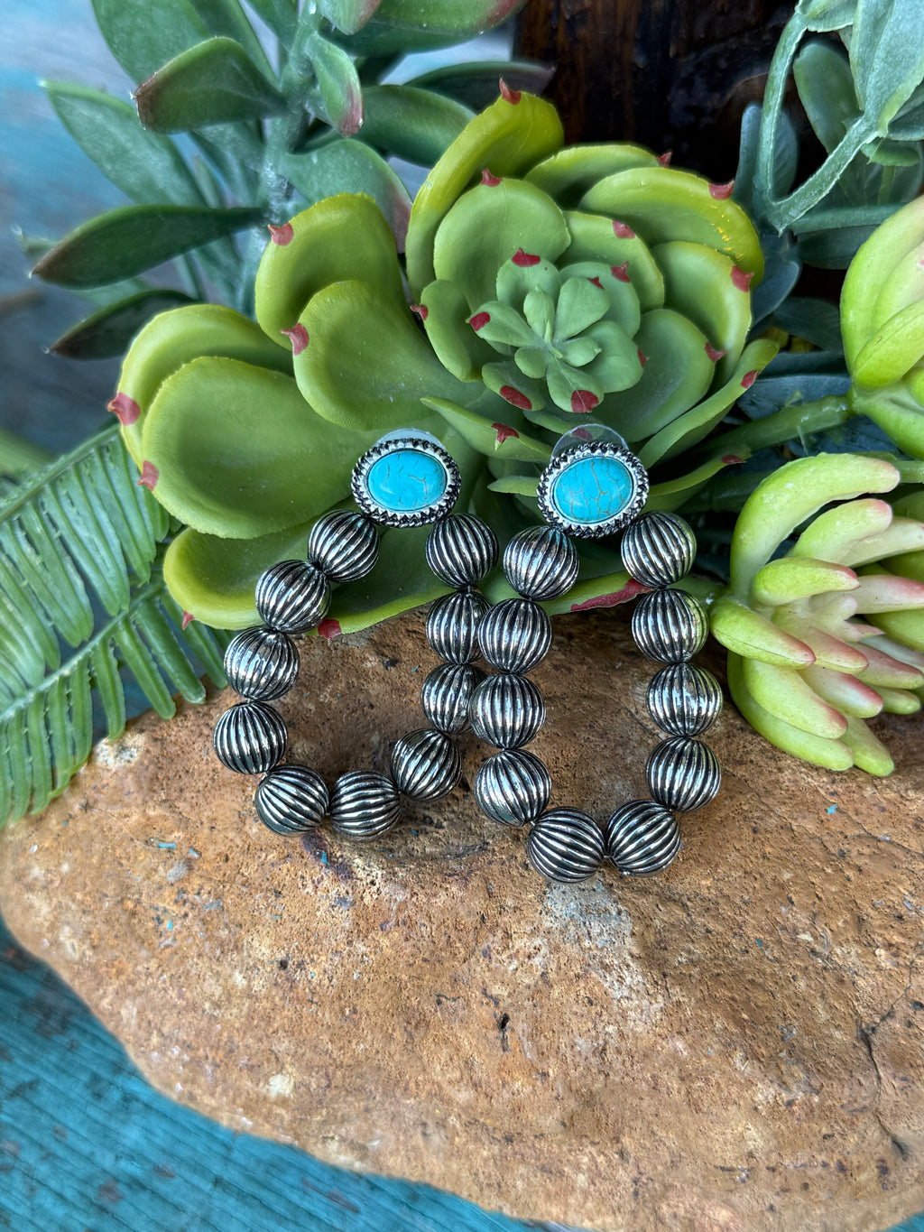Silver Bead Turquoise Stone Earrings